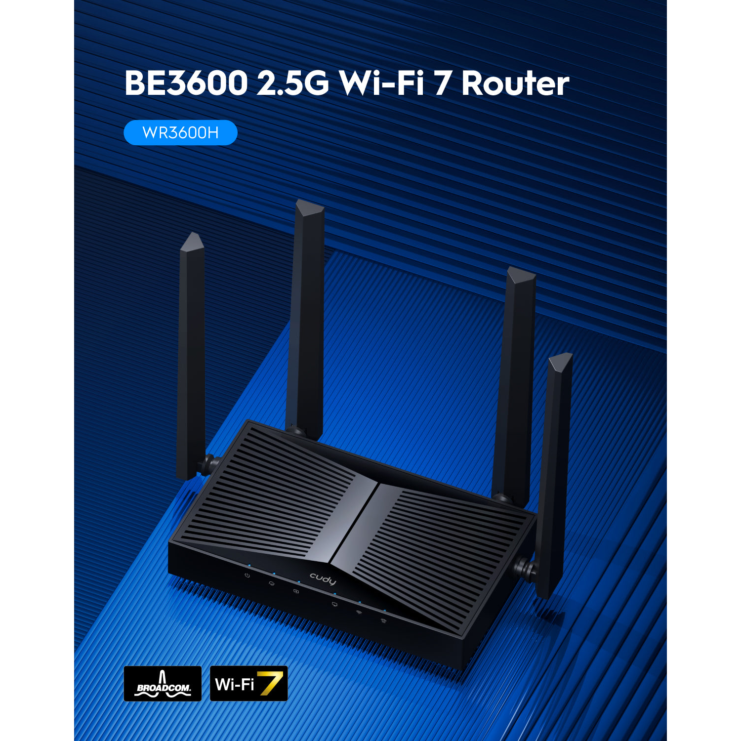 Black Cudy BE3600 Wi-Fi 7 router with four antennas against a blue background.