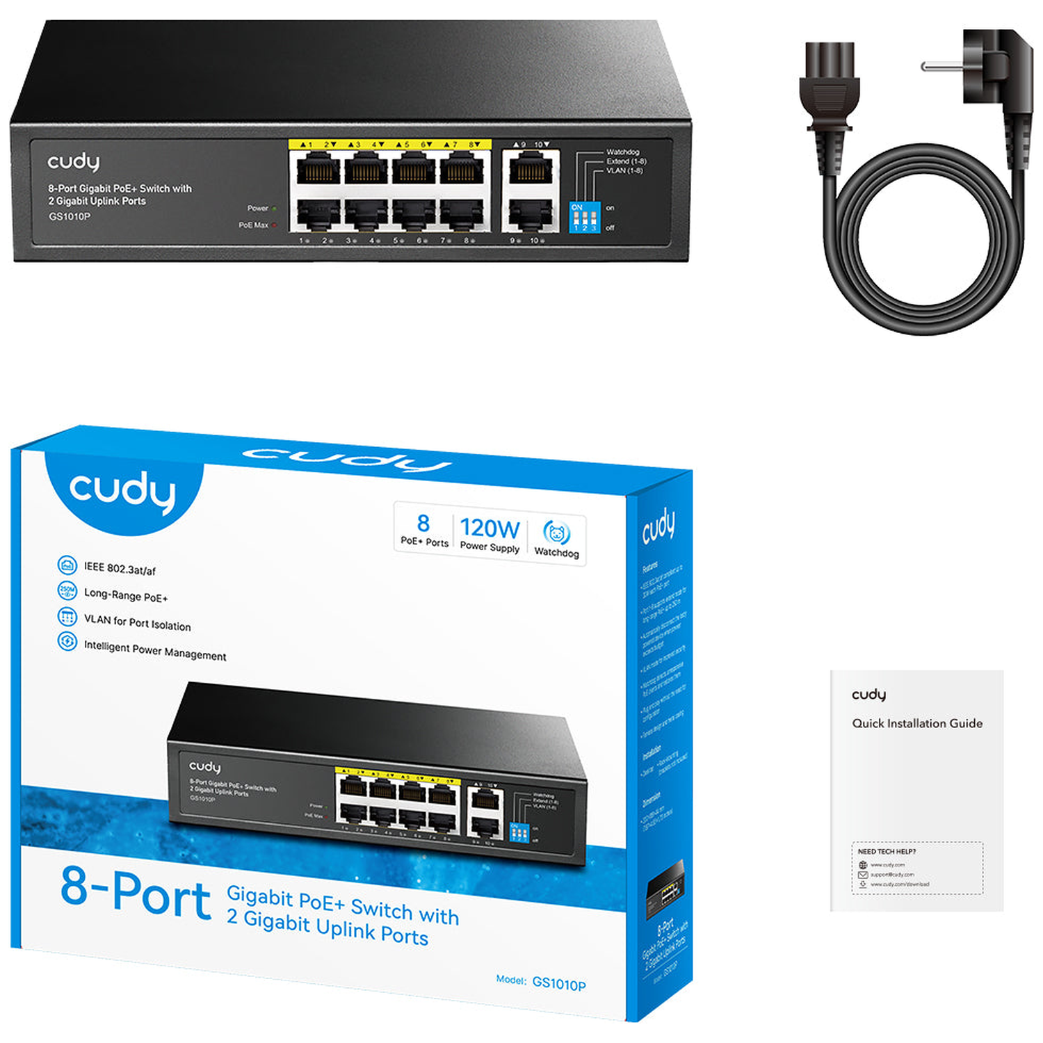 Cudy 8-poorts PoE+ switch met stroomkabel, doos en handleiding.