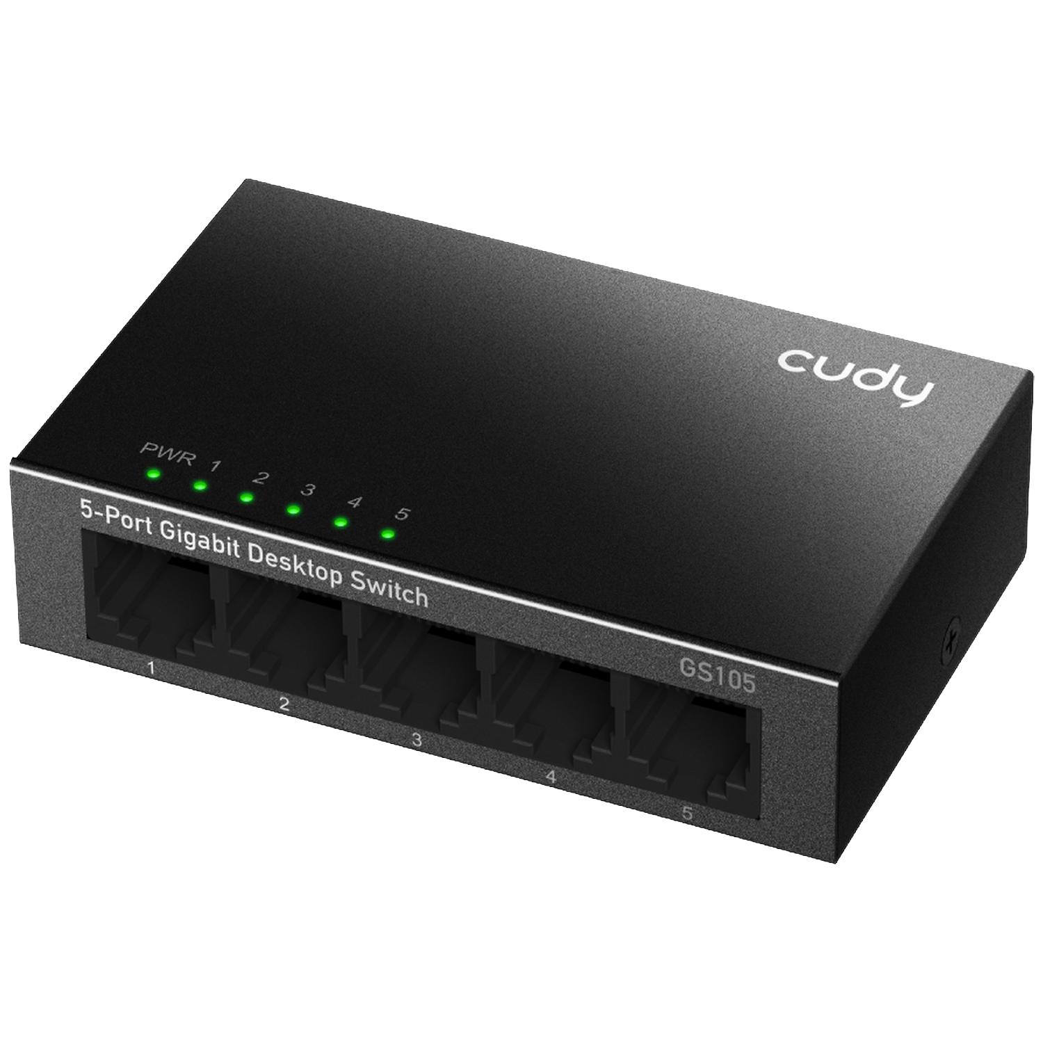 Black Cudy 5-Port Gigabit Desktop Switch with five active green status LEDs against a dark background.