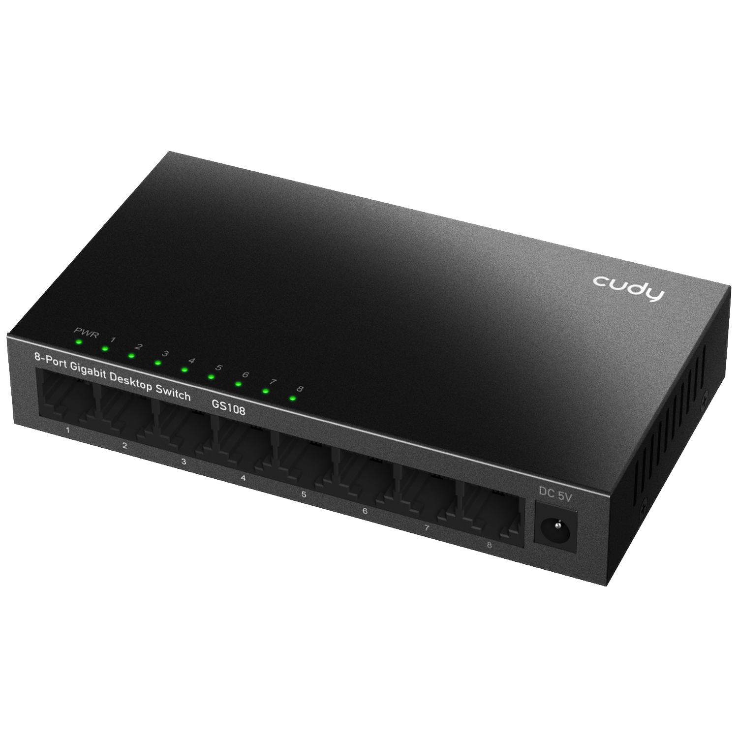Een zwarte Cudy 8-poorts gigabit desktop switch met actieve groene statuslampjes op een donkere achtergrond.