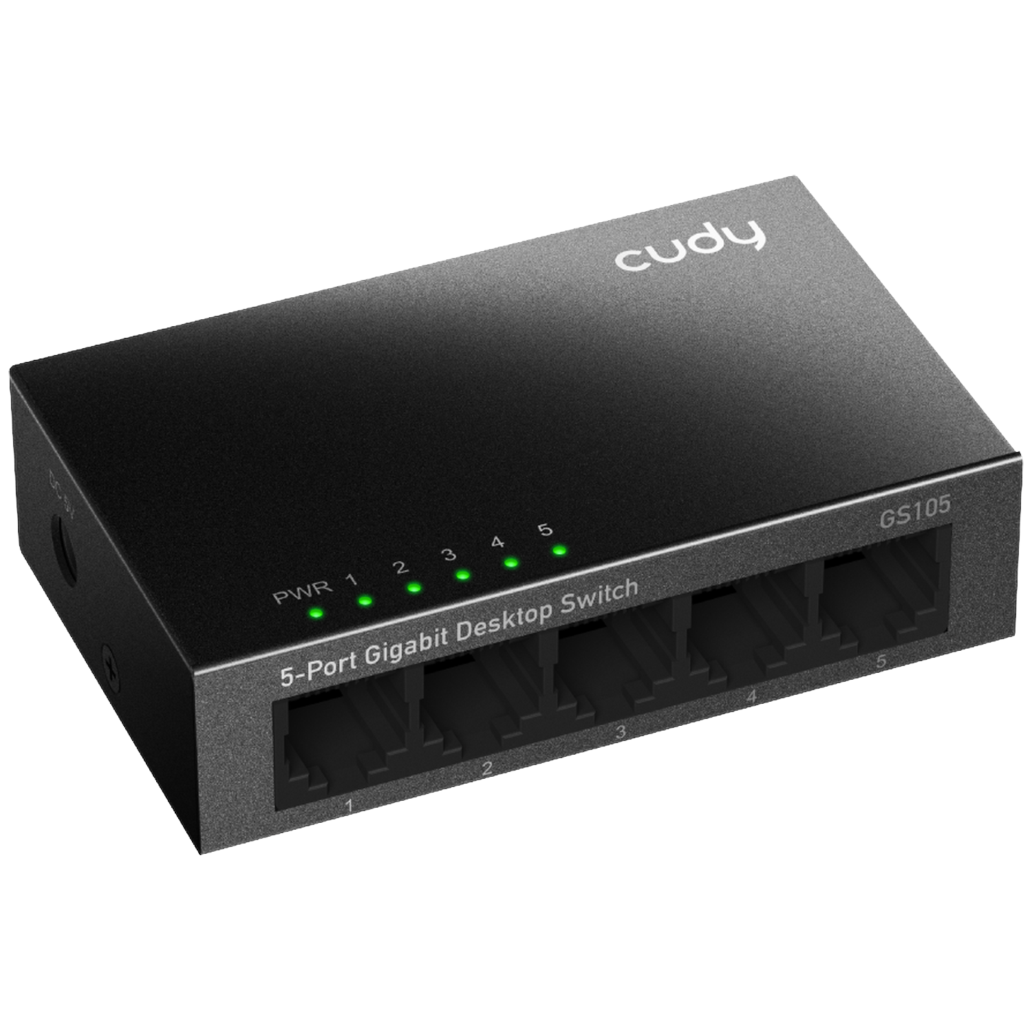 Black Cudy 5-Port Gigabit Desktop Switch with green status LEDs on a black background.