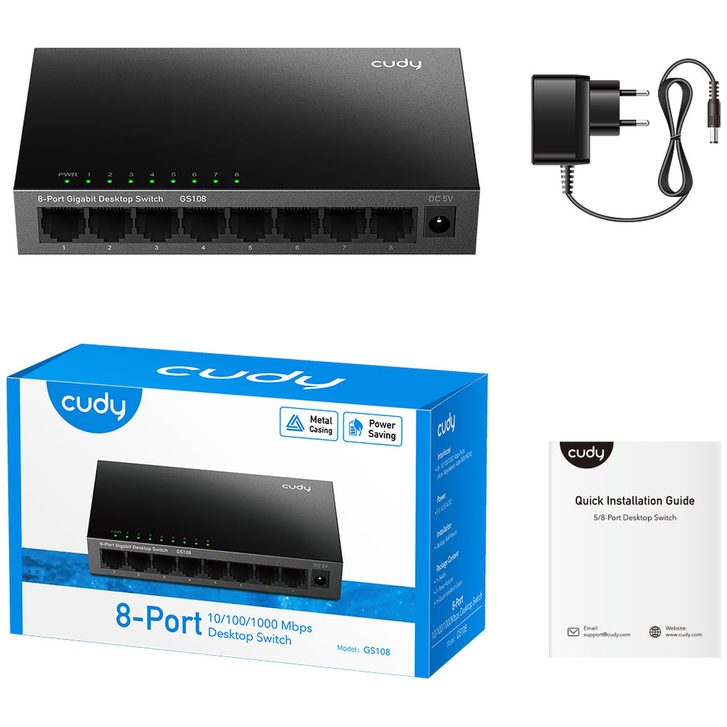 Cudy 8-poorts Gigabit desktop switch met voedingsadapter, doos en handleiding.