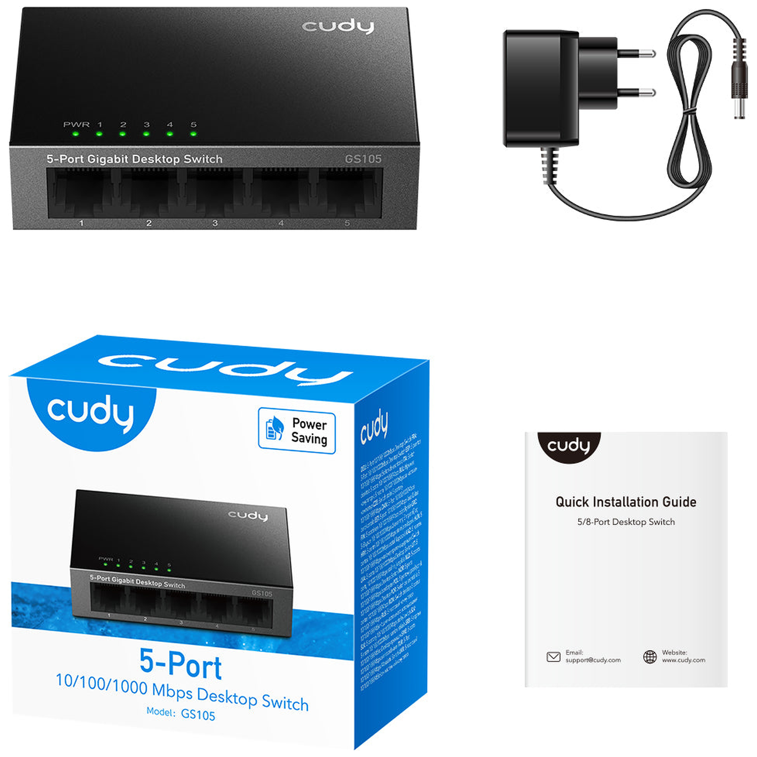 A black Cudy 5-port Gigabit desktop switch, power adapter, product box, and installation guide.