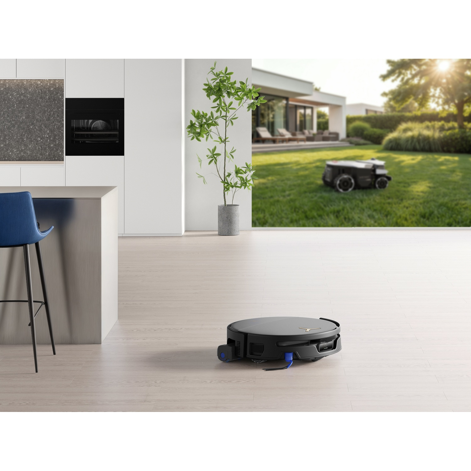 Un robot aspirapolvere pulisce il pavimento interno mentre un robot tagliaerba lavora sul prato.
