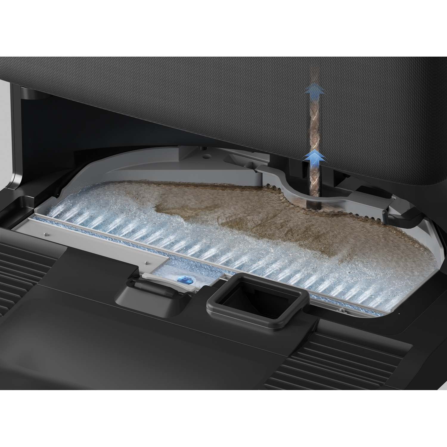Primo piano della base di pulizia di un robot aspirapolvere con spruzzatura d'acqua e drenaggio dello sporco.