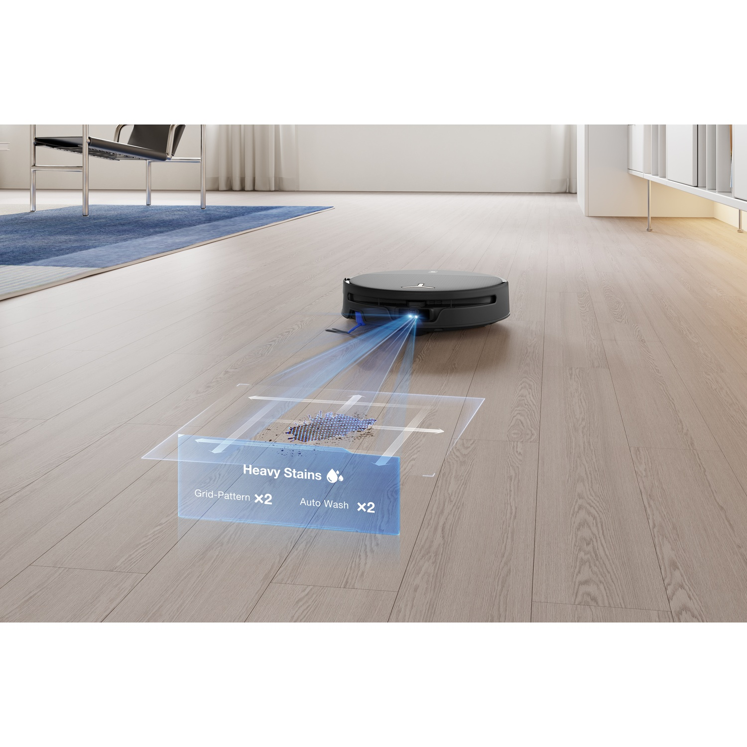 Un robot aspirapolvere nero scansiona una macchia sul pavimento in legno con un grafico laser blu.