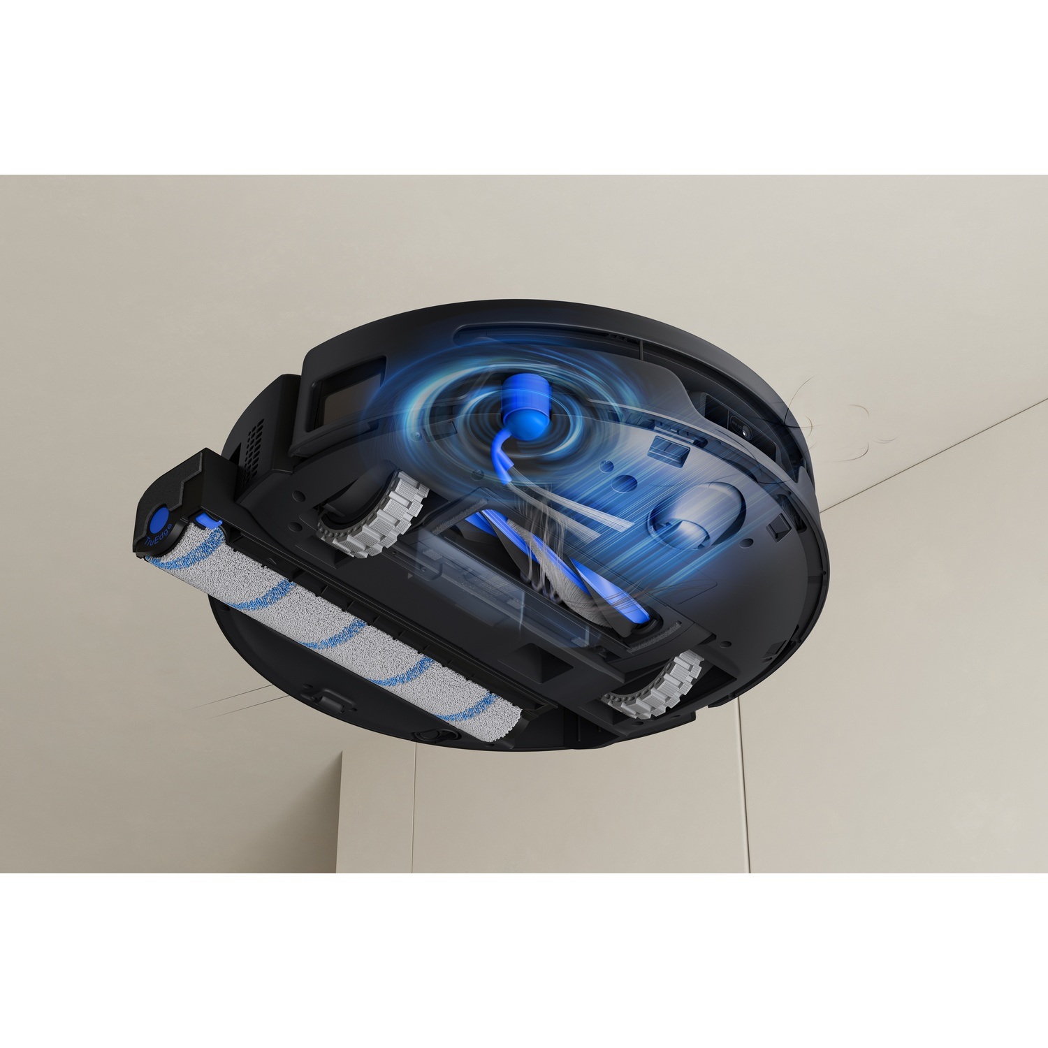 Parte inferiore di un robot aspirapolvere nero con diagrammi blu di flusso d'aria e aspirazione.