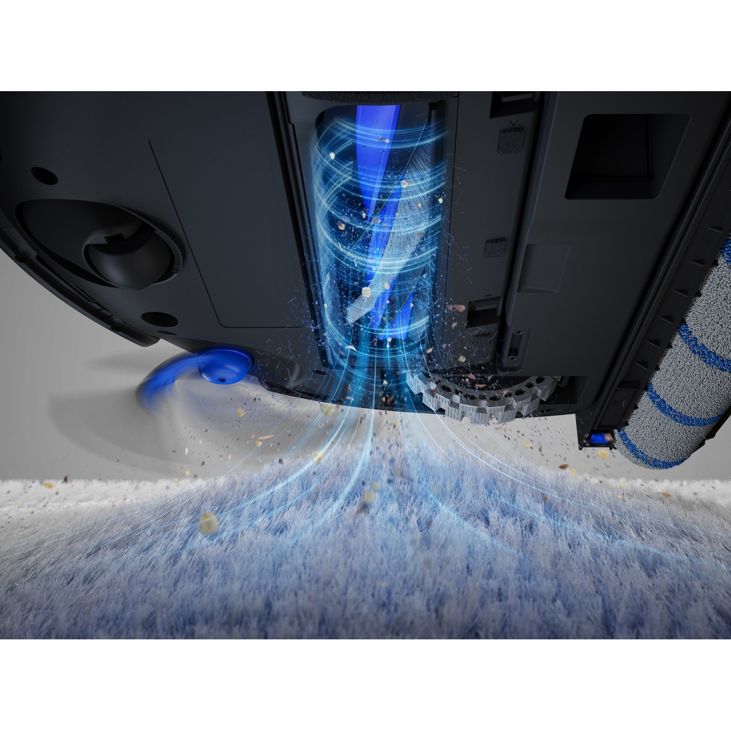 Vista dal basso di un robot aspirapolvere che aspira polvere e detriti da un tappeto.