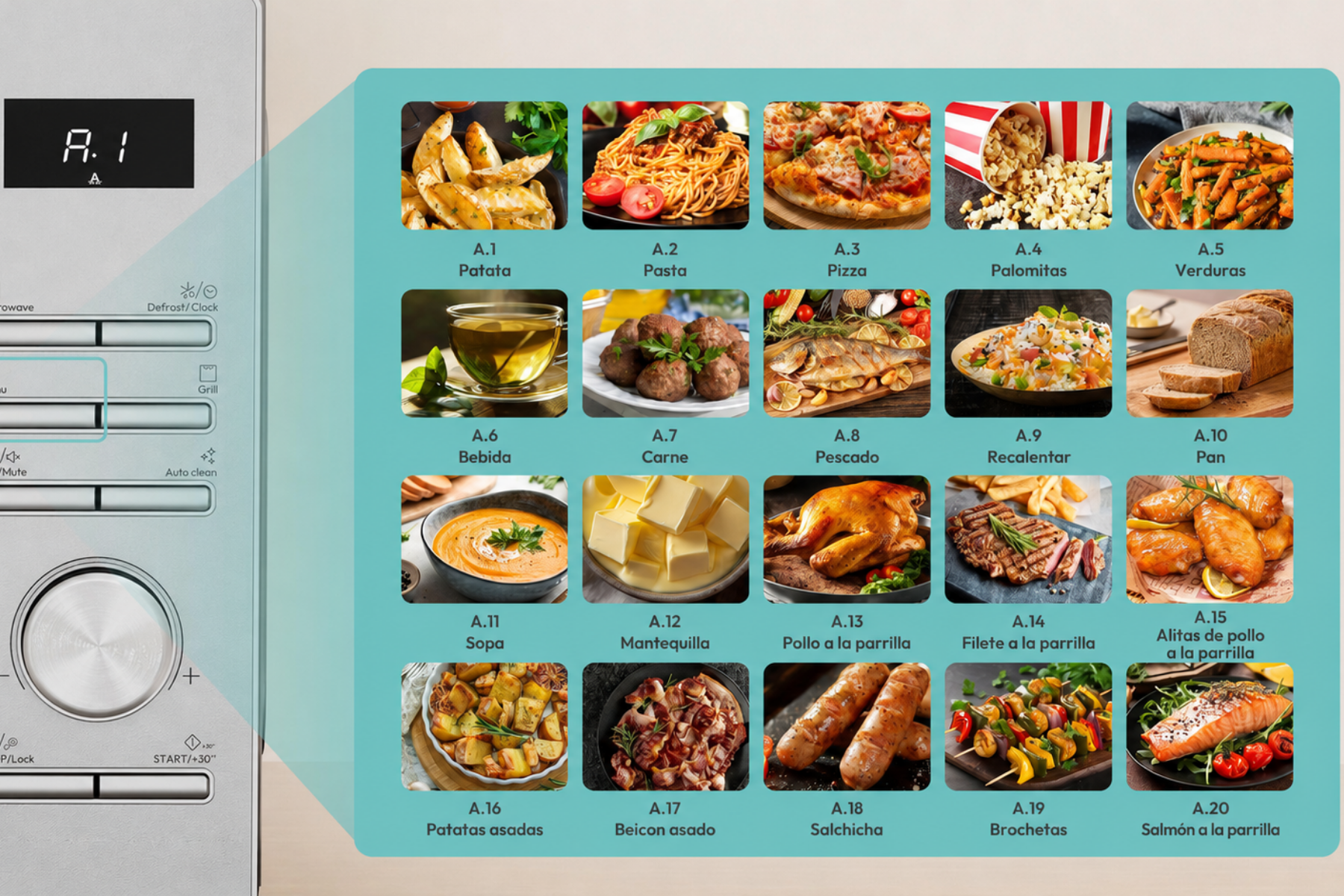 Panel de control de microondas con un menú que muestra veinte opciones de comida y platos con etiquetas en español.