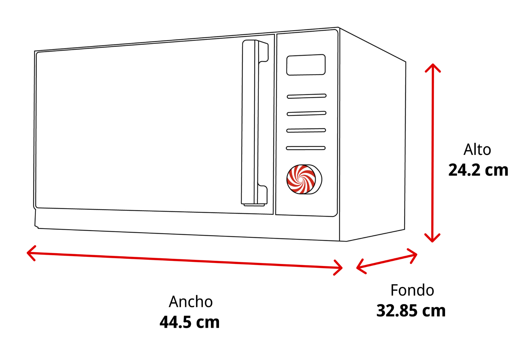 Dibujo lineal de un microondas con dimensiones: alto 24,2 cm, ancho 44,5 cm, fondo 32,85 cm.