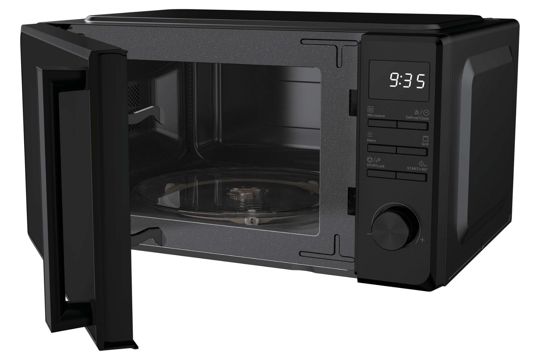 Microondas negro con puerta abierta, pantalla digital, botones y perilla de control sobre fondo blanco.