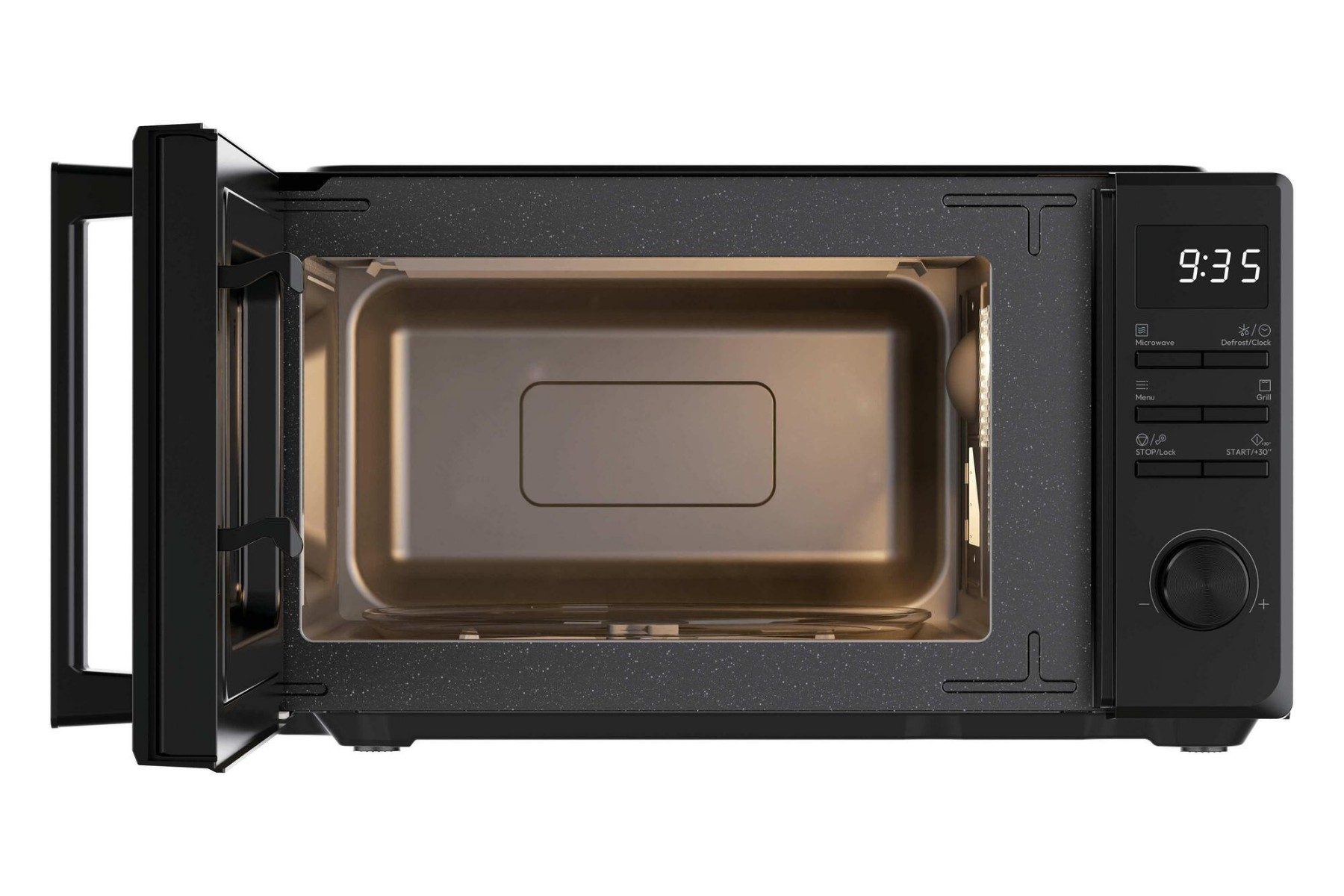 Un microondas negro con la puerta abierta muestra el interior iluminado y el panel de control derecho con botones.