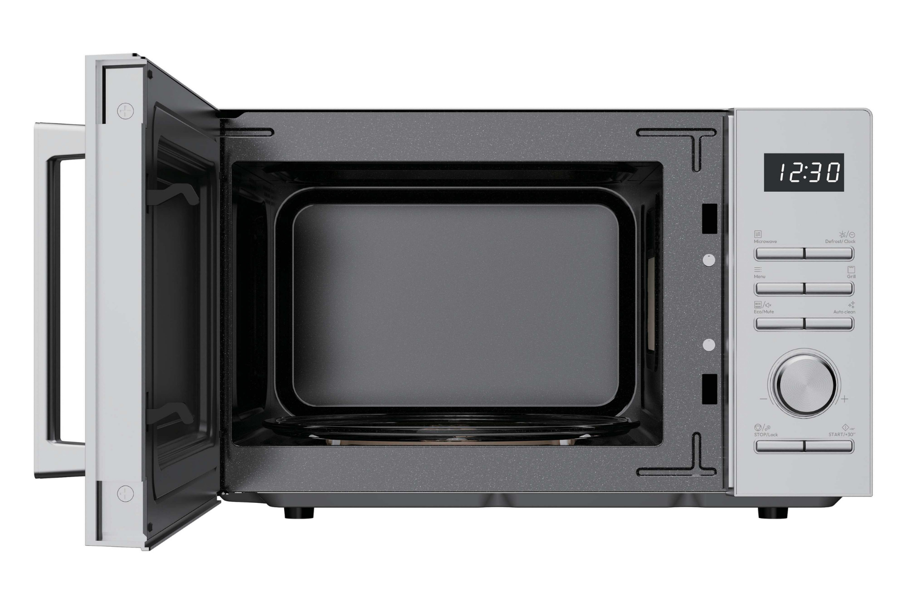 Microondas plateado con puerta abierta, pantalla digital y botones de control a la derecha.