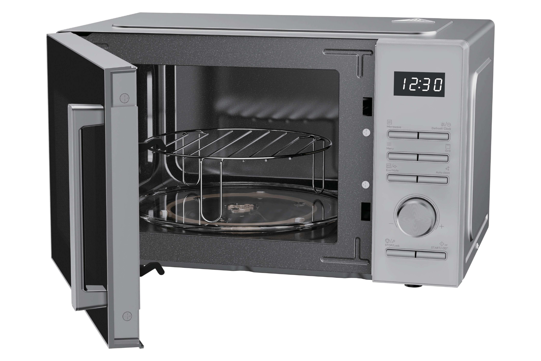 Microondas plateado con puerta abierta, rejilla para grill y pantalla digital que muestra las 12:30.