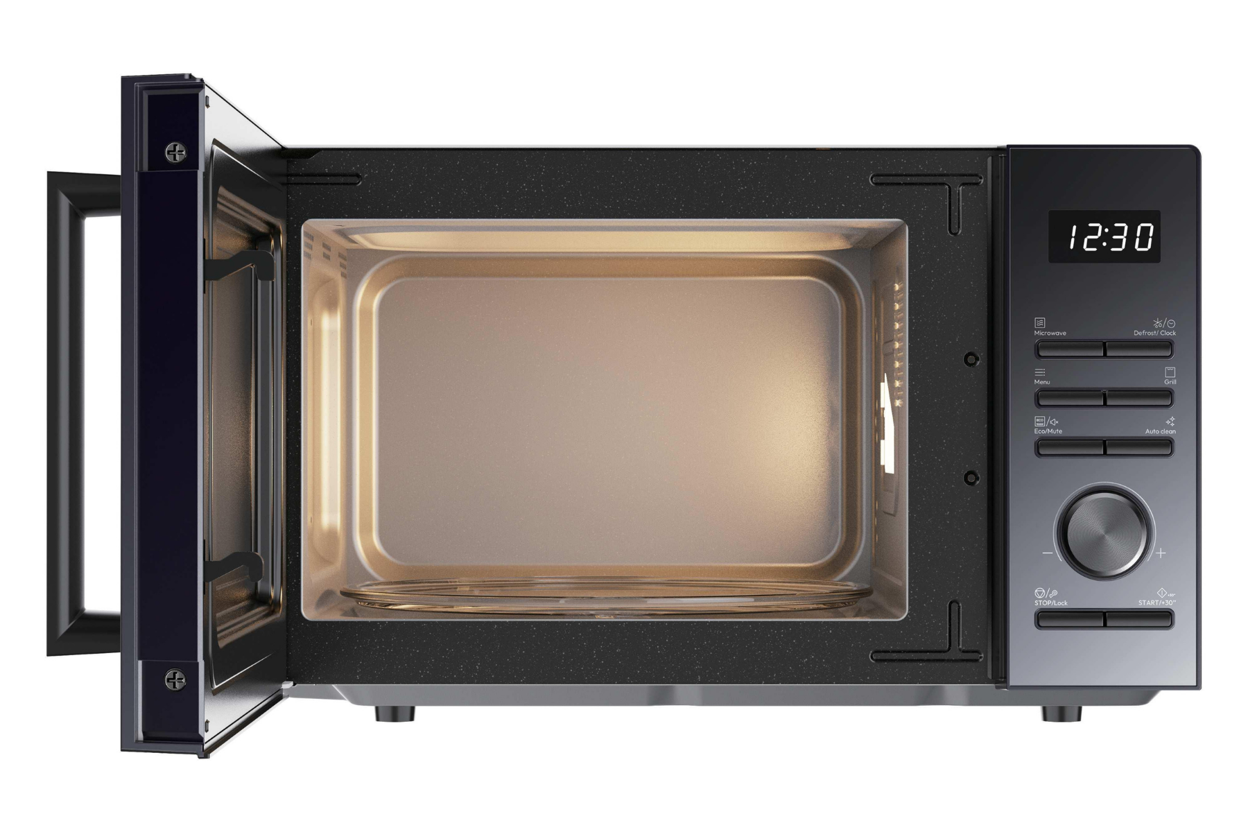 Un microondas negro con la puerta abierta, interior iluminado y panel de control digital en el lado derecho.