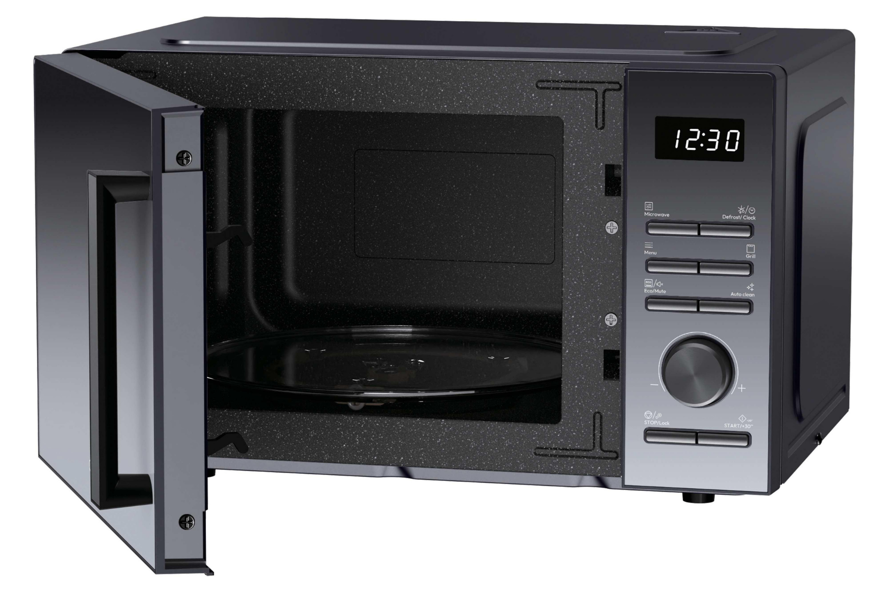 Microondas negro con puerta abierta, pantalla digital y rueda de control a la derecha.