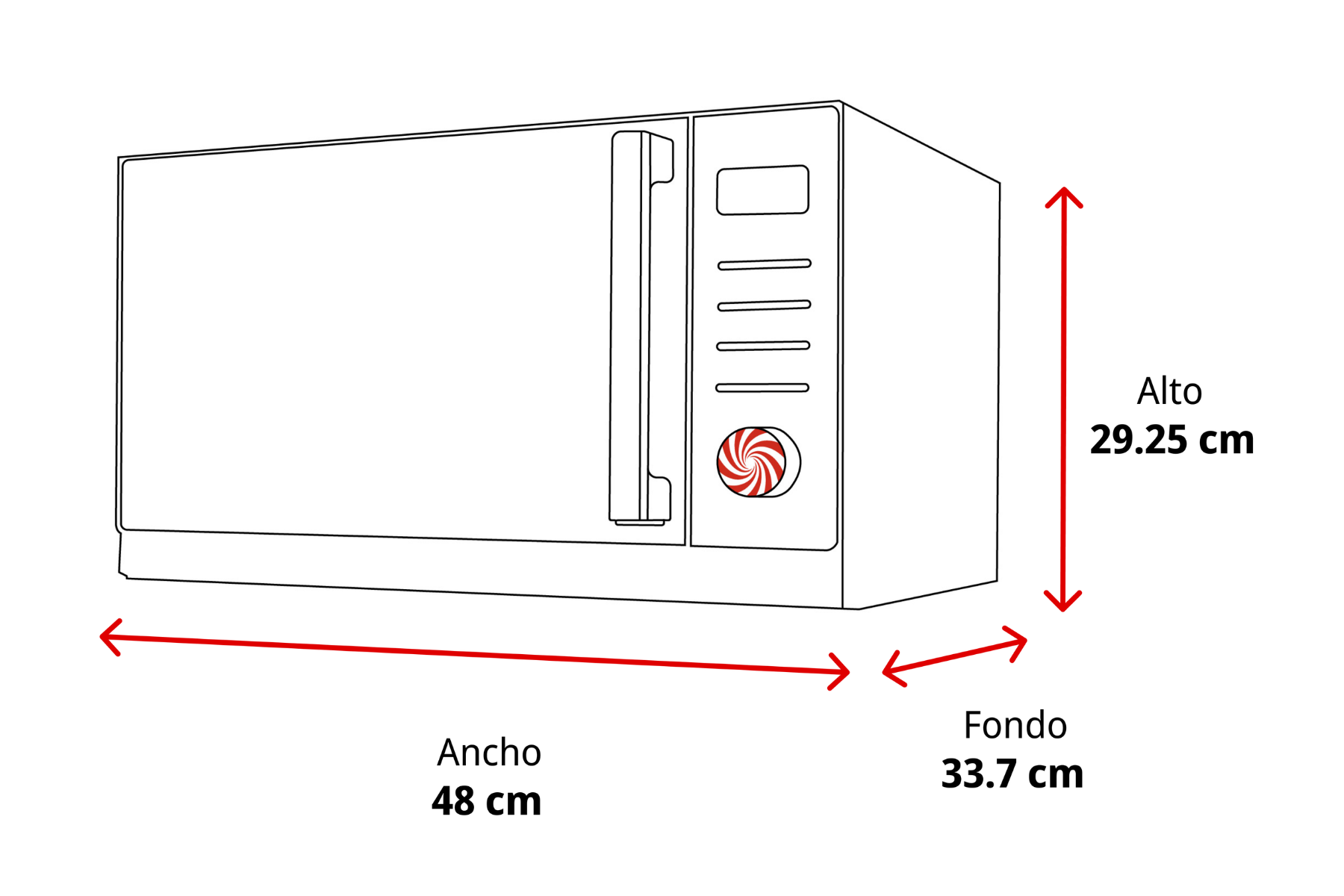 Dibujo lineal de un microondas con dimensiones: alto 29,25 cm, ancho 48 cm, fondo 33,7 cm.