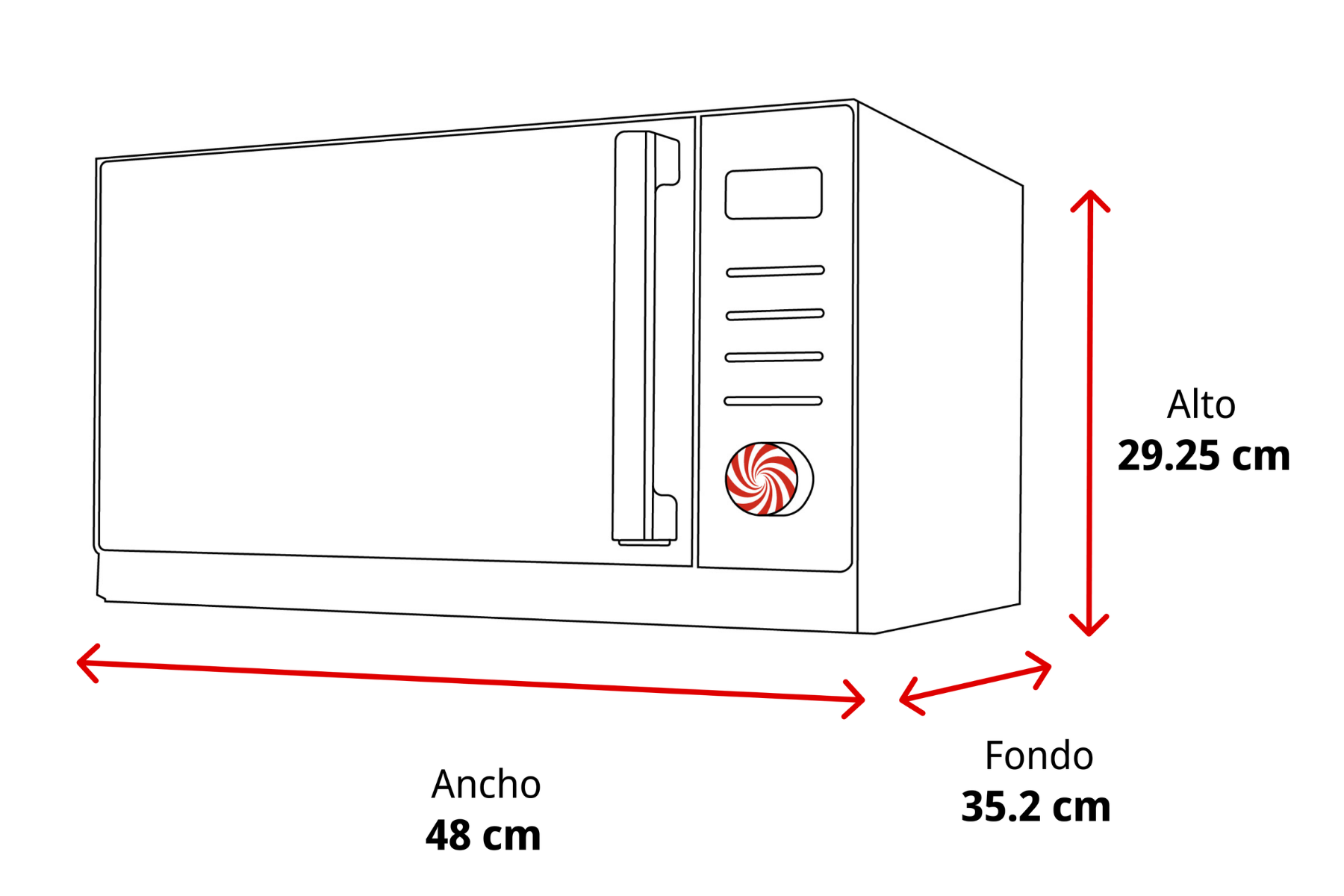 Dibujo lineal de un microondas con dimensiones: alto 29,25 cm, ancho 48 cm, fondo 35,2 cm.
