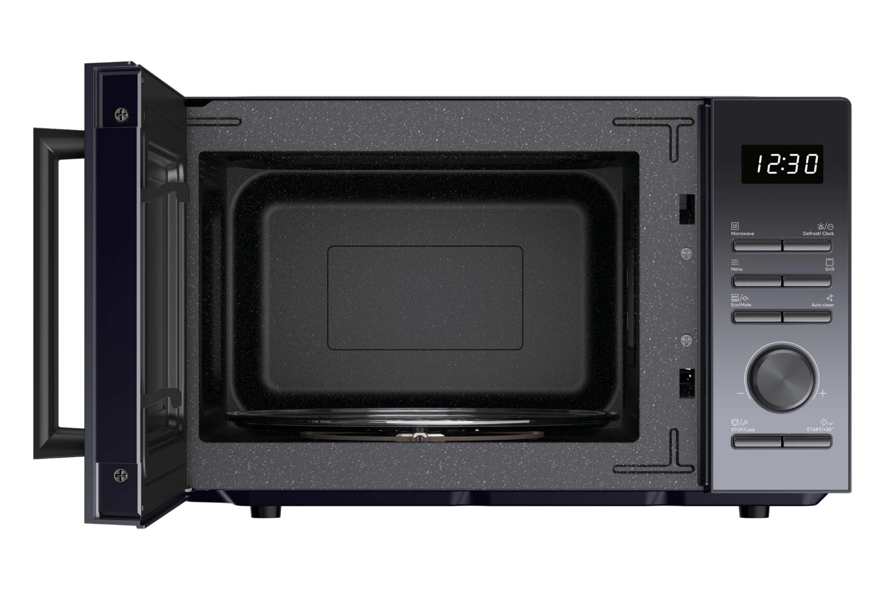 Un microondas negro con la puerta abierta, pantalla digital y botones de control a la derecha.