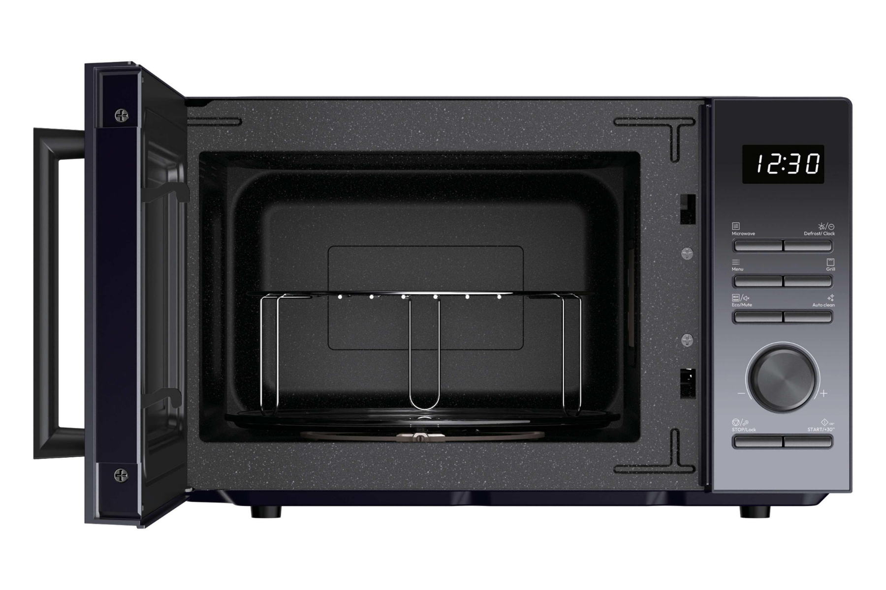 Microondas negro con puerta abierta, pantalla digital y botón giratorio a la derecha.