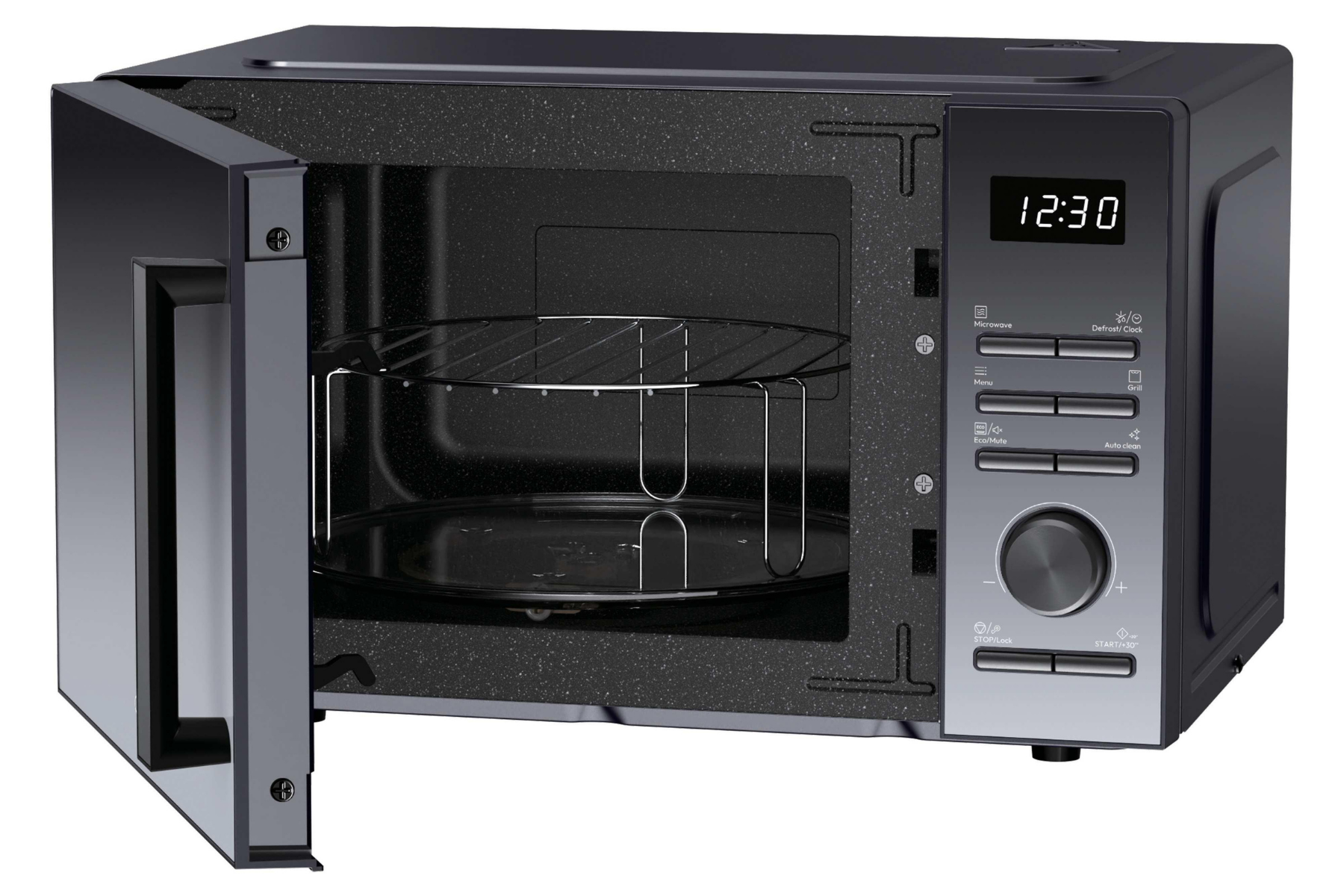 Un microondas negro con puerta abierta, pantalla digital y una rejilla para grill adentro.