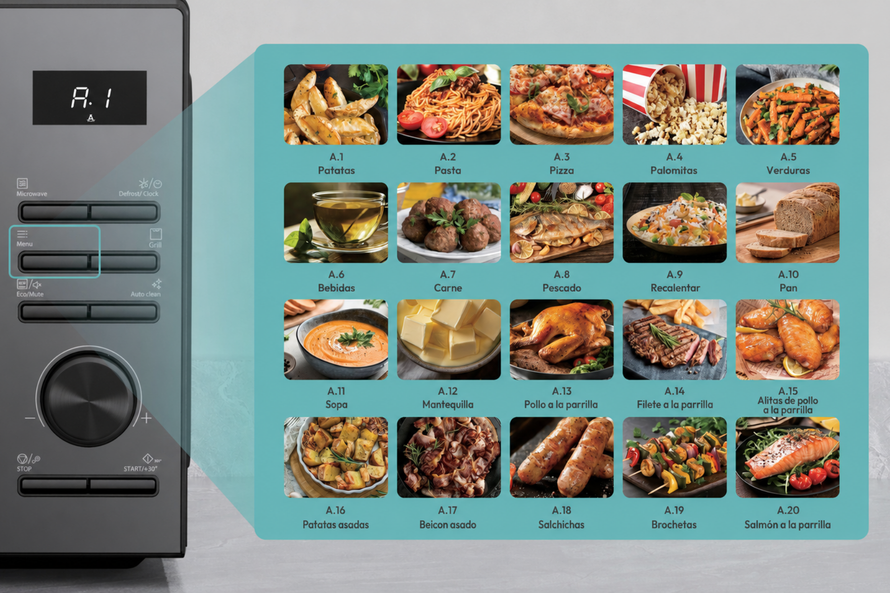 Panel de control de microondas con pantalla digital y menú de veinte platos diferentes.