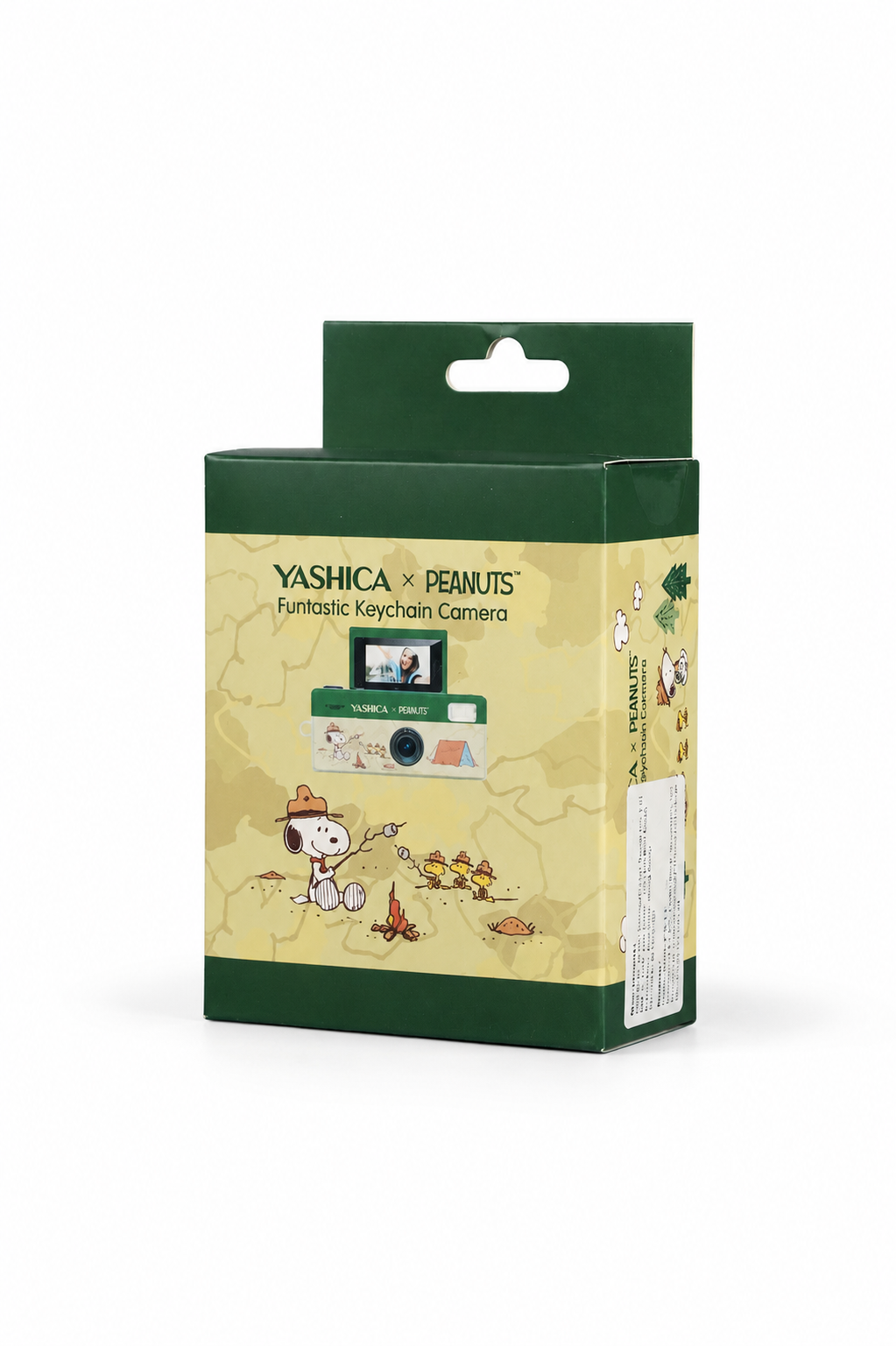 Snoopy illüstrasyonlu Yashica x Peanuts Funtastic Anahtarlık Kamera'nın yeşil kutusu.