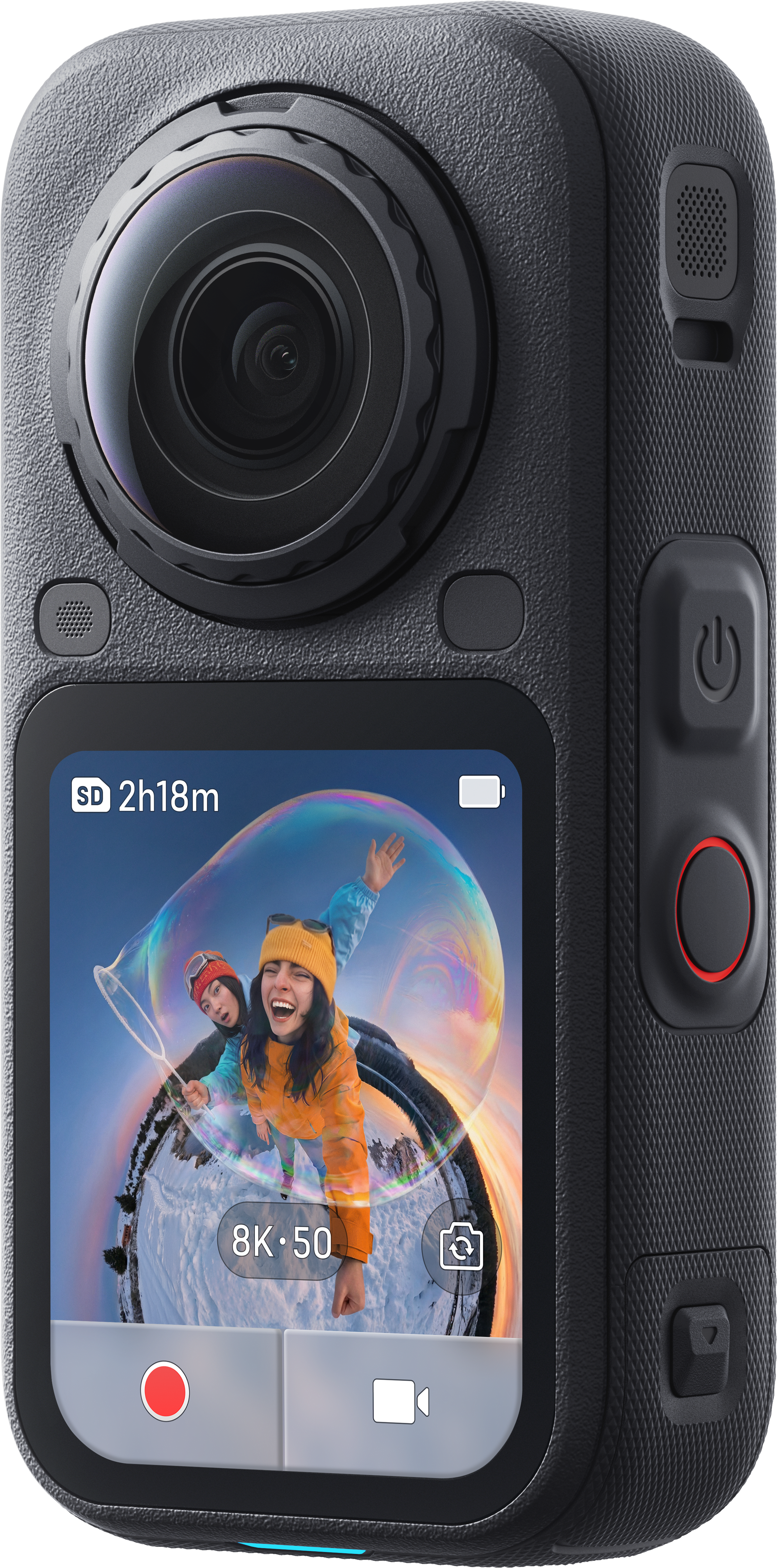 Schwarze Actioncam mit großem Objektiv und Display, das zwei Personen in einer riesigen Seifenblase zeigt.