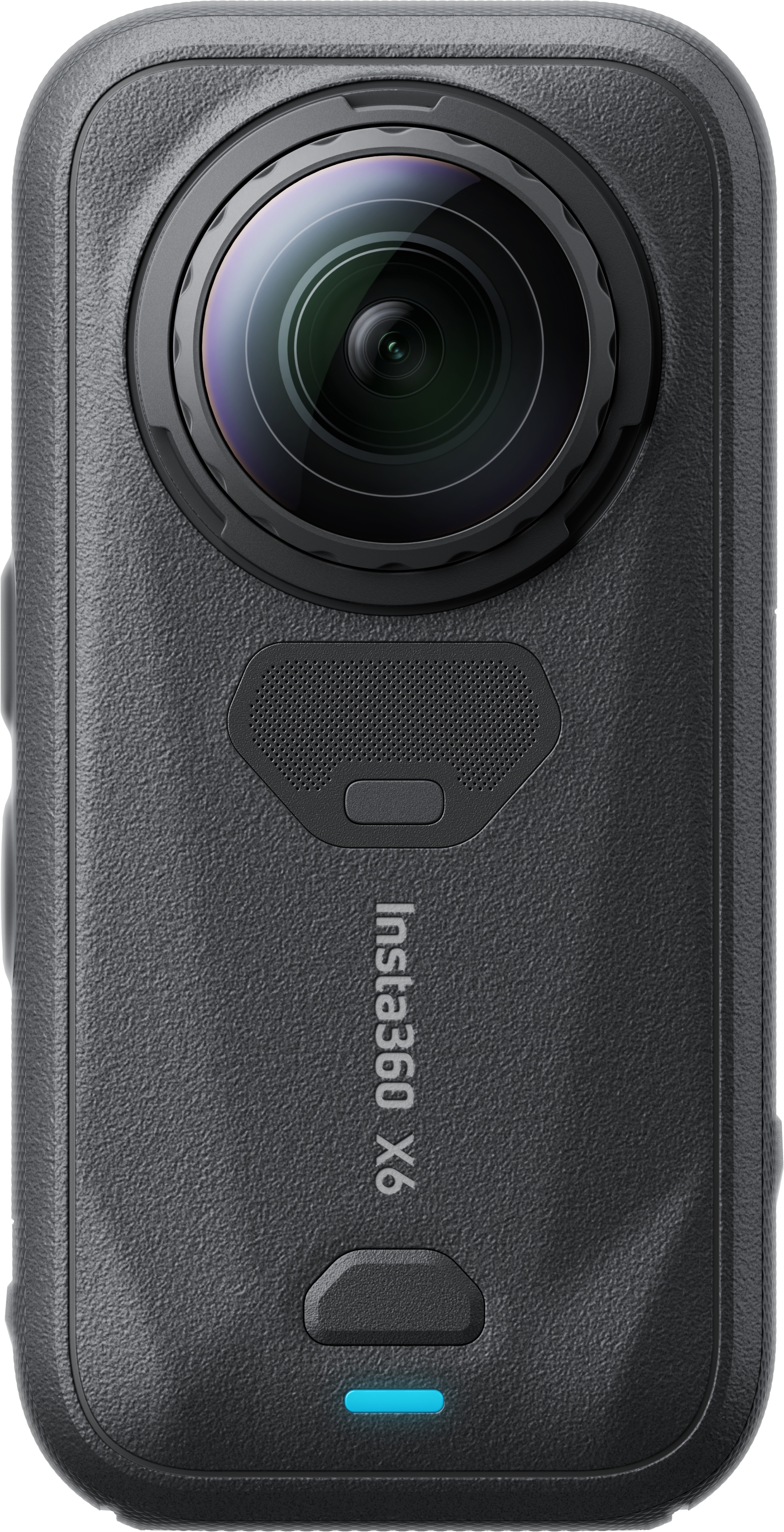 Eine graue Insta360 X6 Kamera mit großer Linse und Mikrofon.