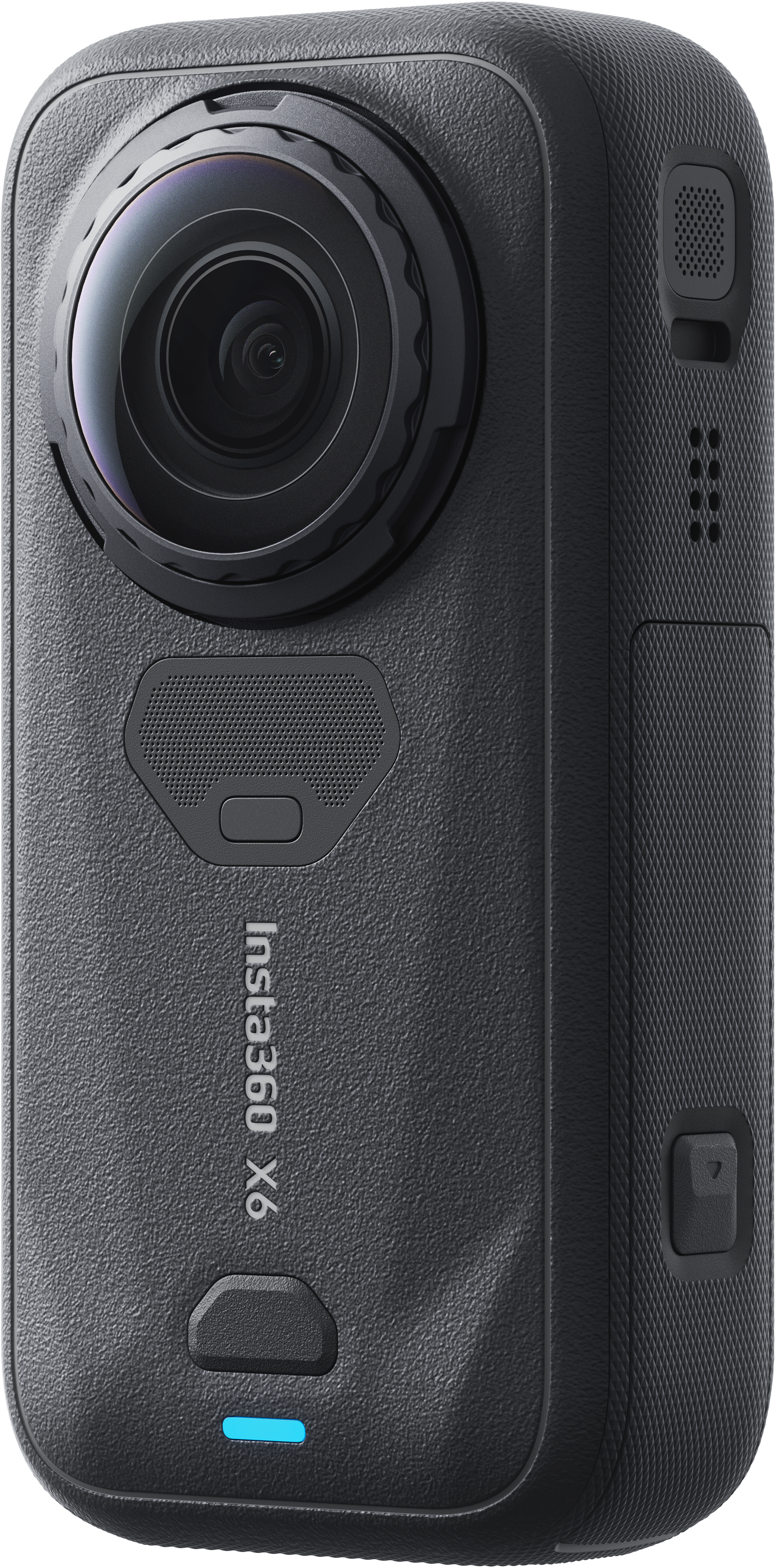 Eine schwarze Insta360 X3 Action-Kamera mit runder Linse und strukturiertem Gehäuse.
