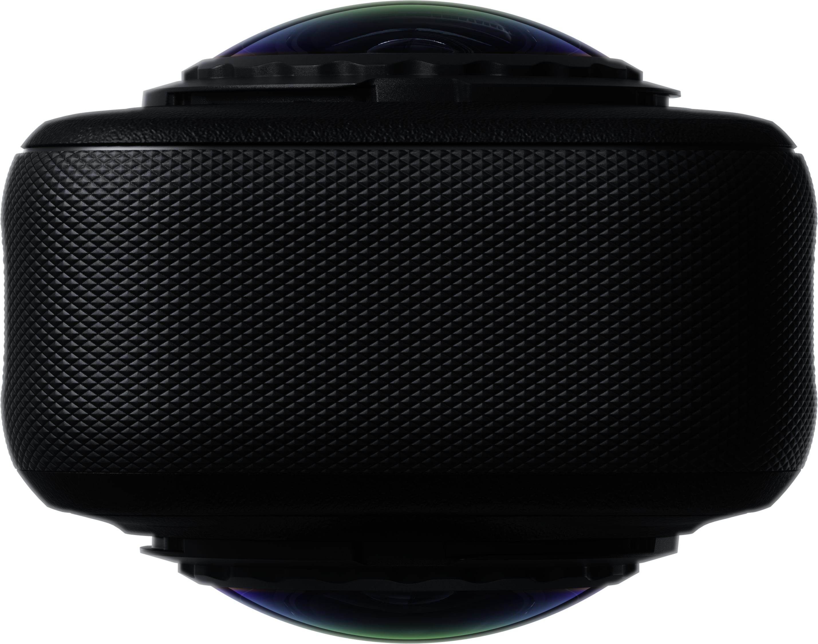 Schwarze 360-Grad-Kamera mit strukturiertem Gehäuse und Fischaugenlinsen oben und unten.