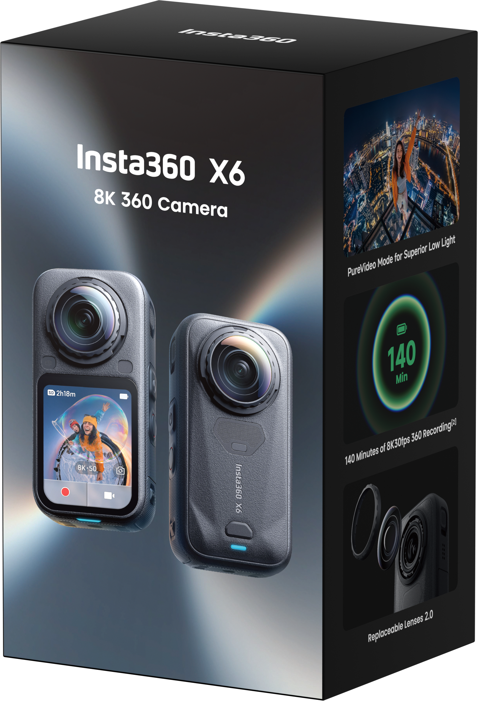 Verpackung der Insta360 X6 8K 360 Kamera mit Produktbildern und Features auf der Seite.