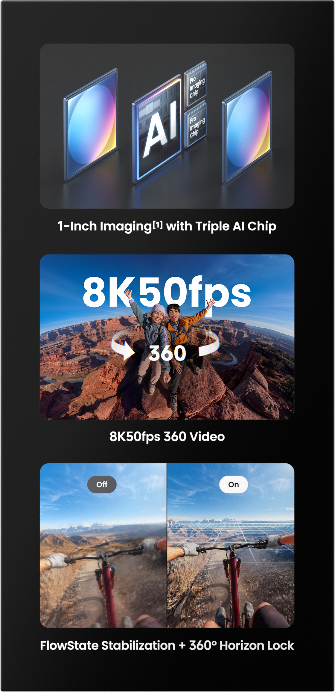 Produktmerkmale: 1-Zoll-Bildsensor, 8K50fps 360-Video und FlowState-Stabilisierung.