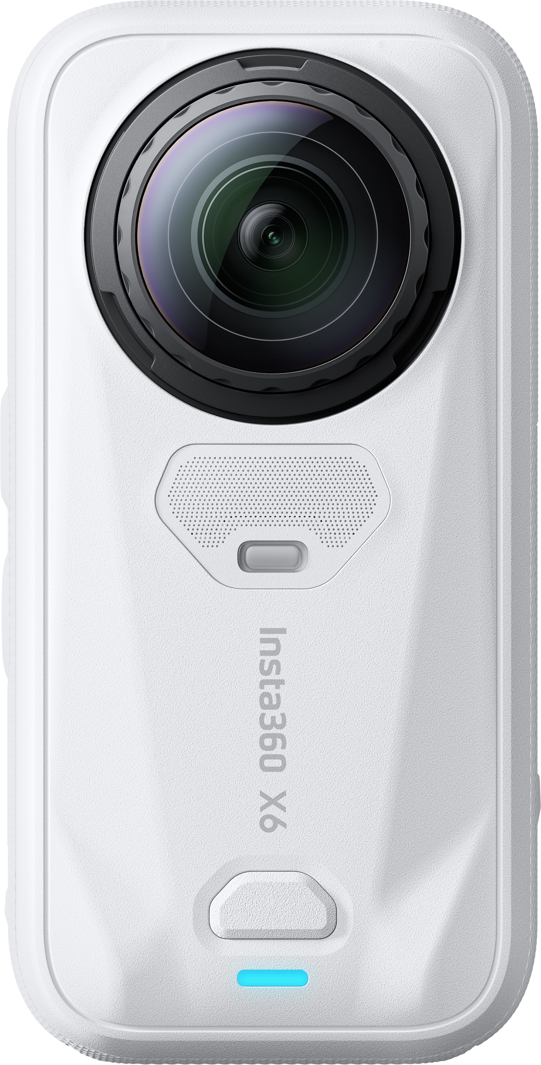 Weiße Insta360 X6 Kamera mit großer runder Linse und Lautsprechergitter auf dem Gehäuse.