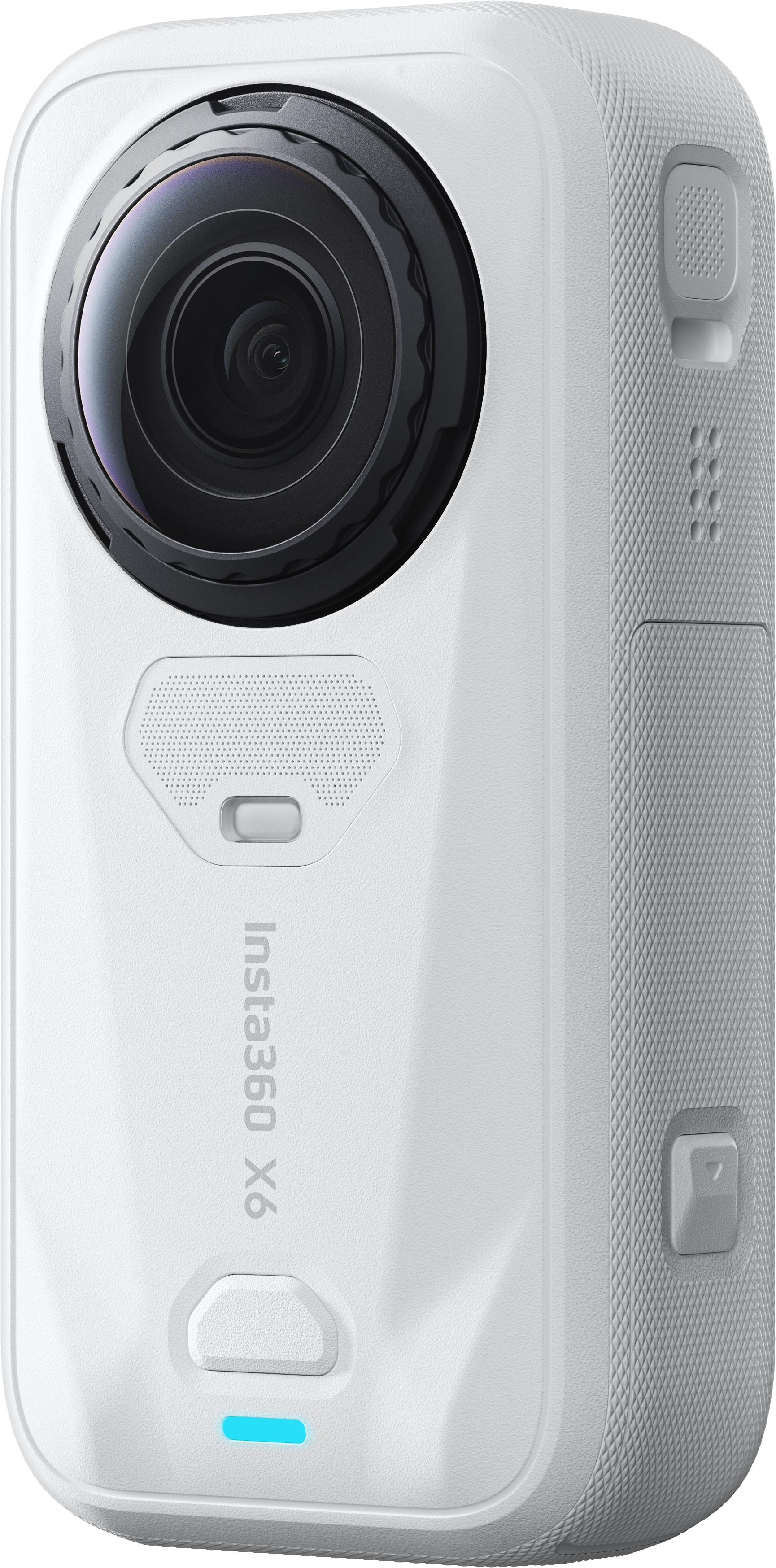 Eine weiße Insta360 X6 Action-Kamera mit großer Linse und strukturierter Oberfläche auf einem dunklen Hintergrund.