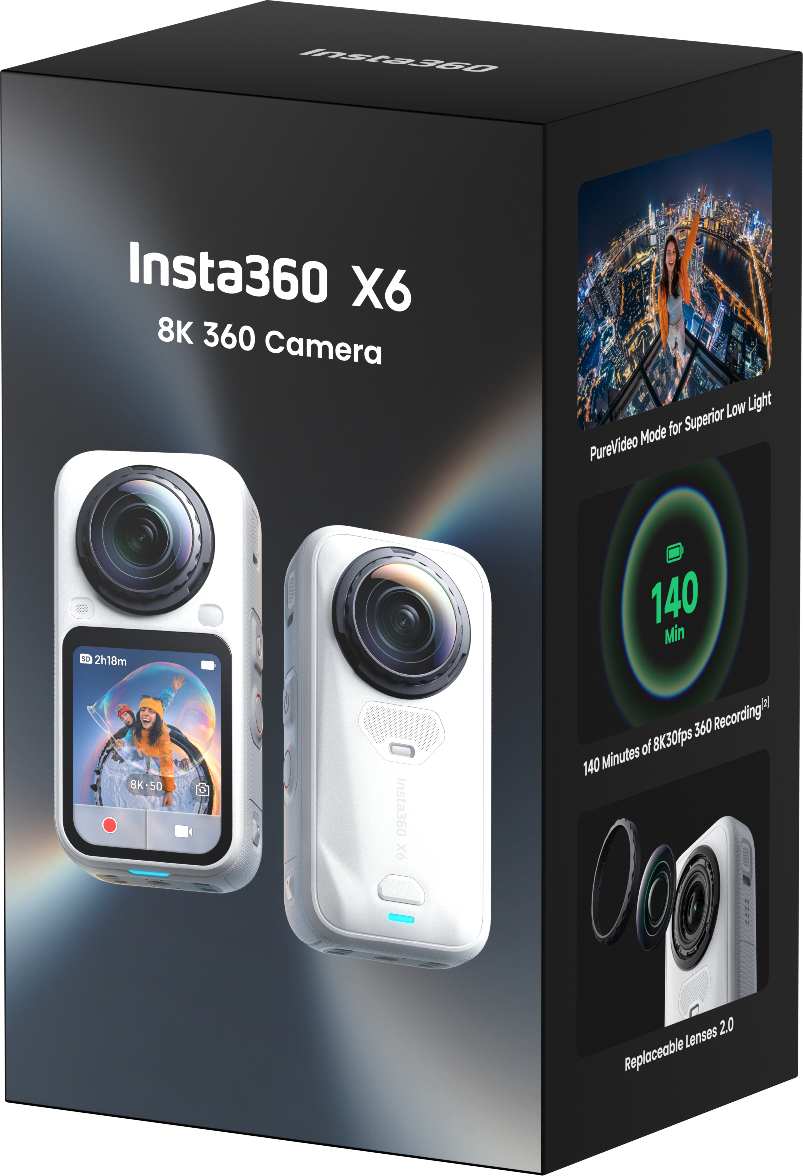 Verpackung der Insta360 X6 8K 360-Grad-Kamera mit zwei weißen Kamerageräten und Produktmerkmalen.
