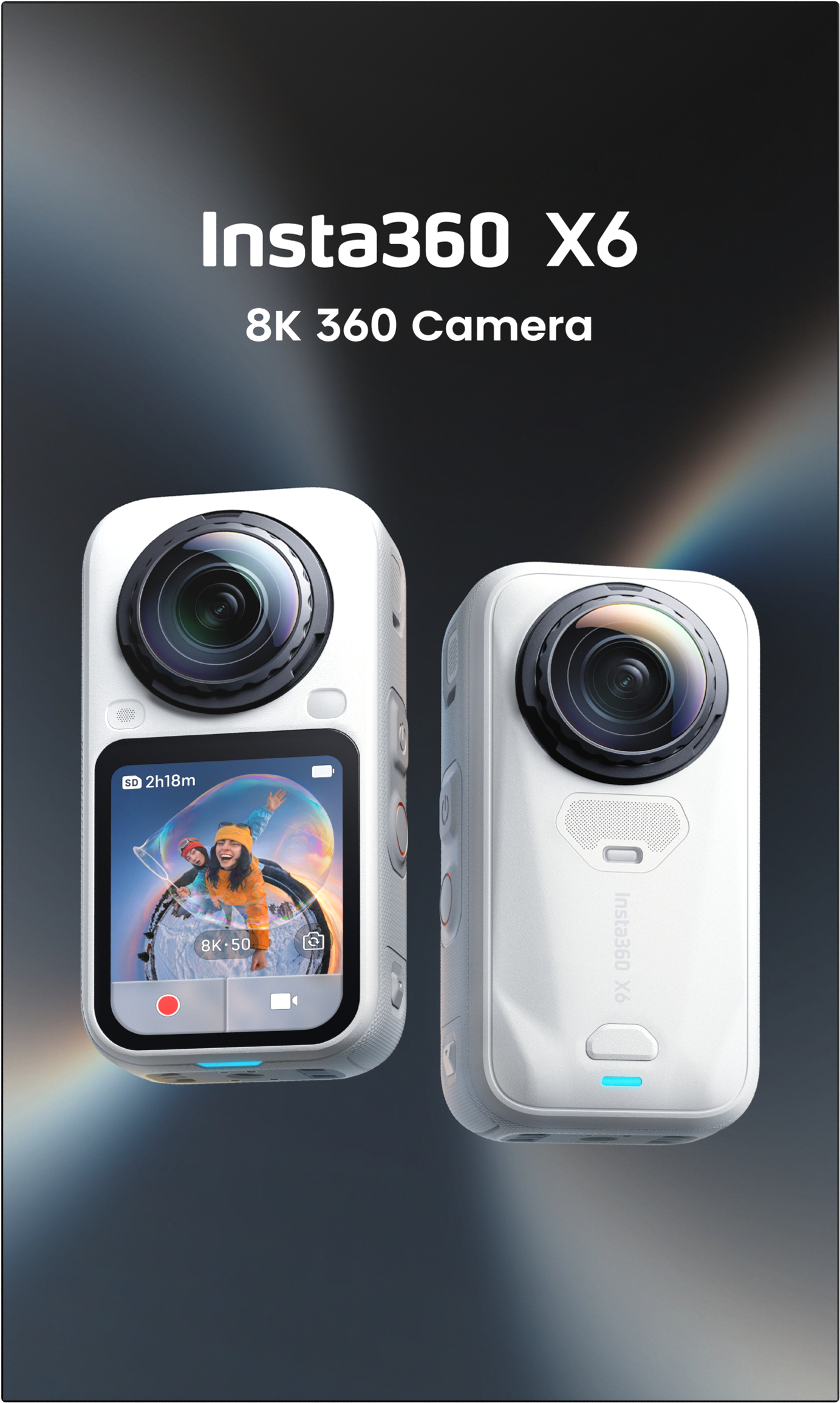 Zwei weiße Insta360 X6 8K 360-Kameras vor dunklem Hintergrund mit Text.