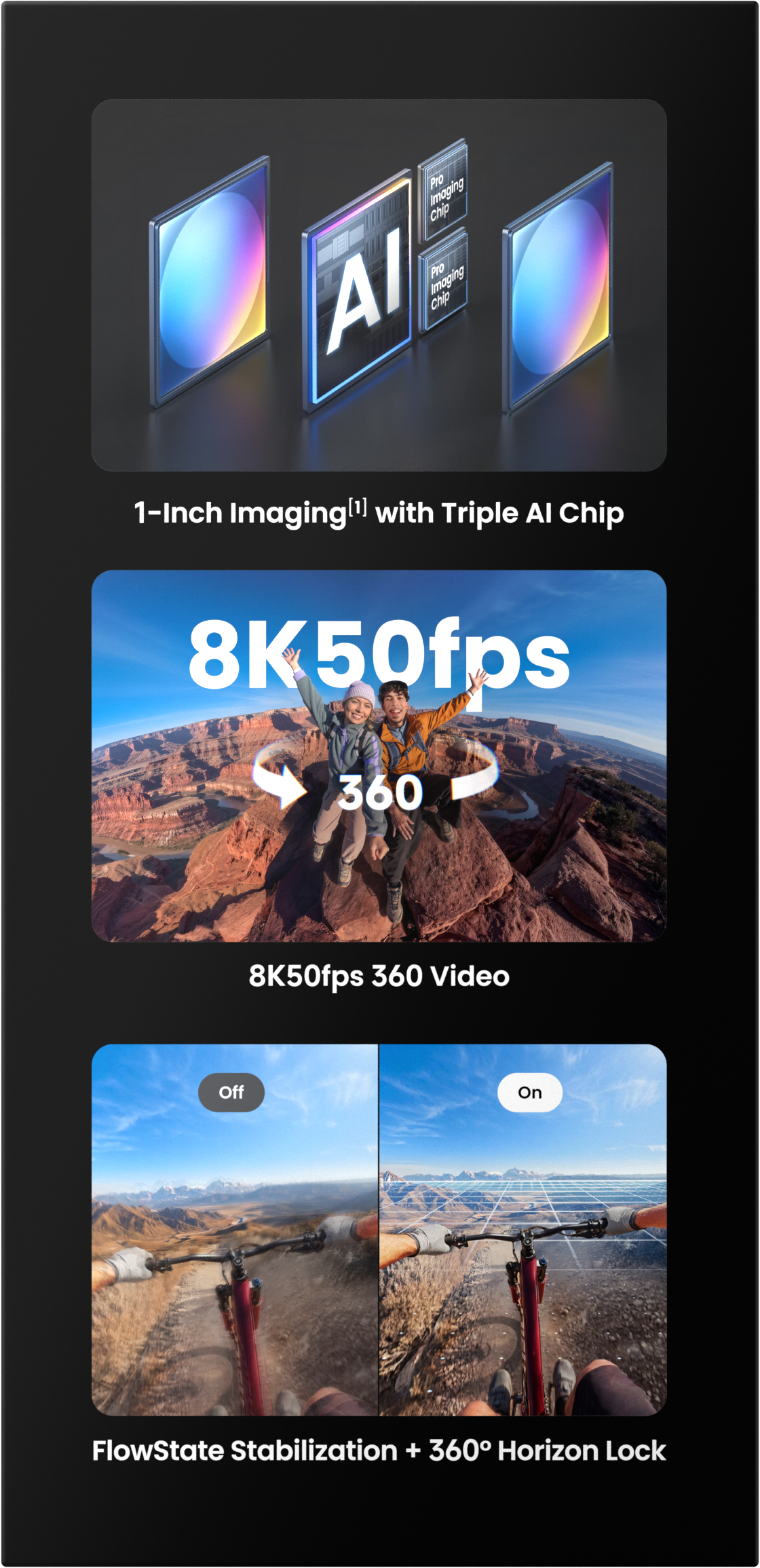 Produktmerkmale: 1-Zoll-Bildsensor, 8K 360-Grad-Video und FlowState-Stabilisierung.