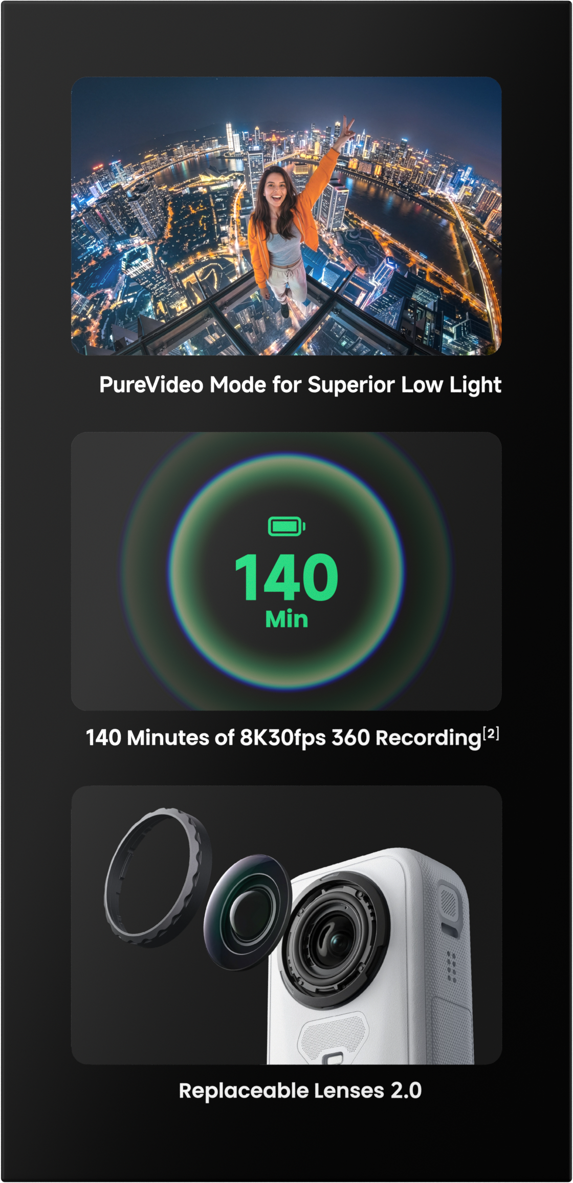 Produktbanner mit niedriger Lichtmodus, 140 Minuten Aufnahme und austauschbaren Linsen für eine weiße Kamera.