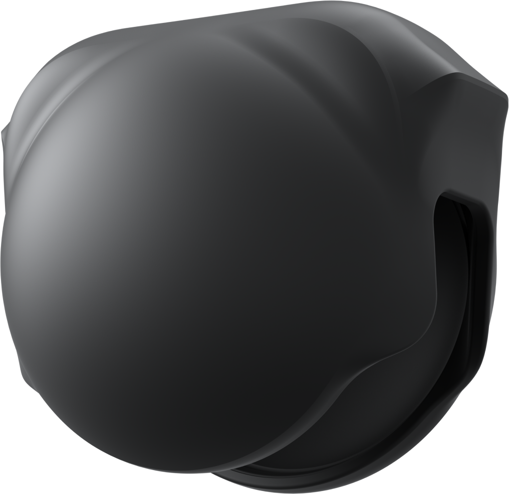 Ein mattes, schwarzes technisches Gerät mit abgerundeten Formen auf schwarzem Hintergrund.