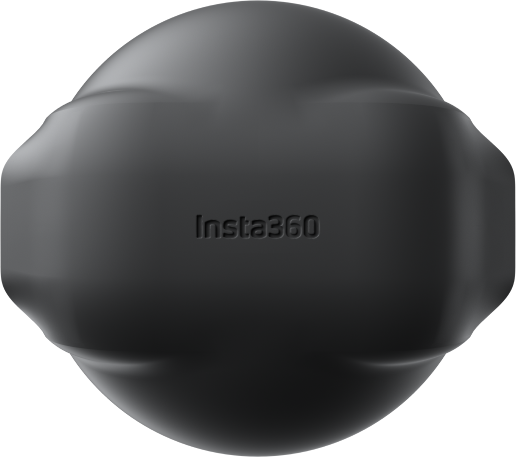 Eine mattschwarze Insta360-Kamera auf schwarzem Hintergrund mit abgerundeten Linsen.