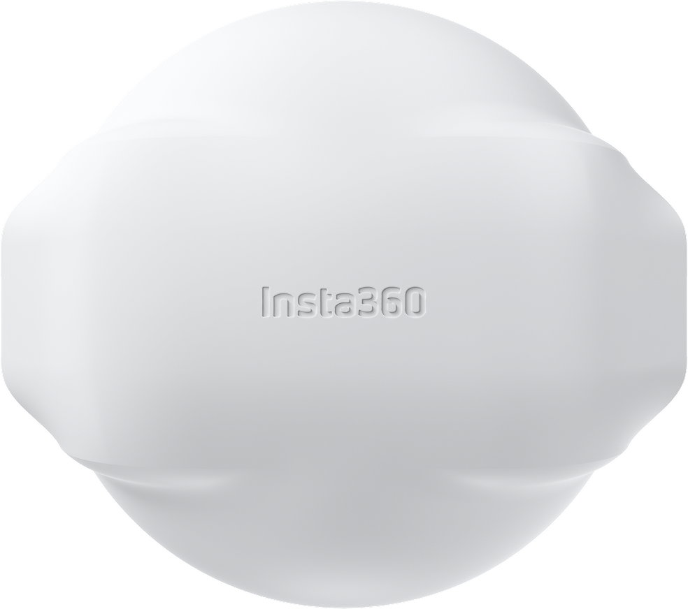Eine weiße sphärische Insta360 Kamera vor schwarzem Hintergrund.