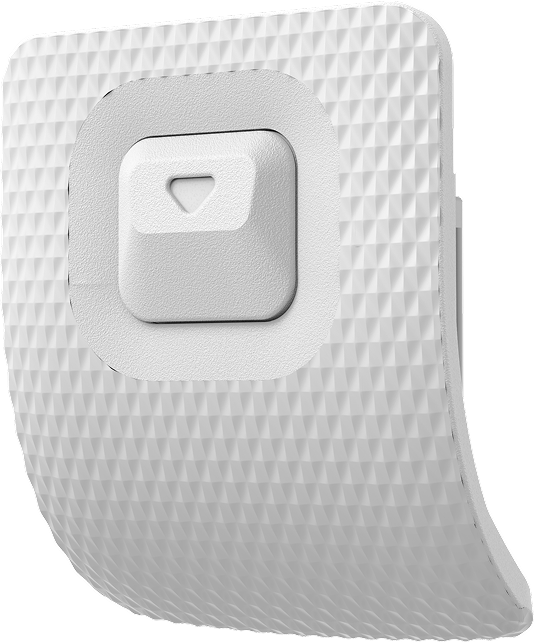 Weißer, strukturierter Sensor mit quadratischer Taste und Dreiecksymbol vor schwarzem Hintergrund.