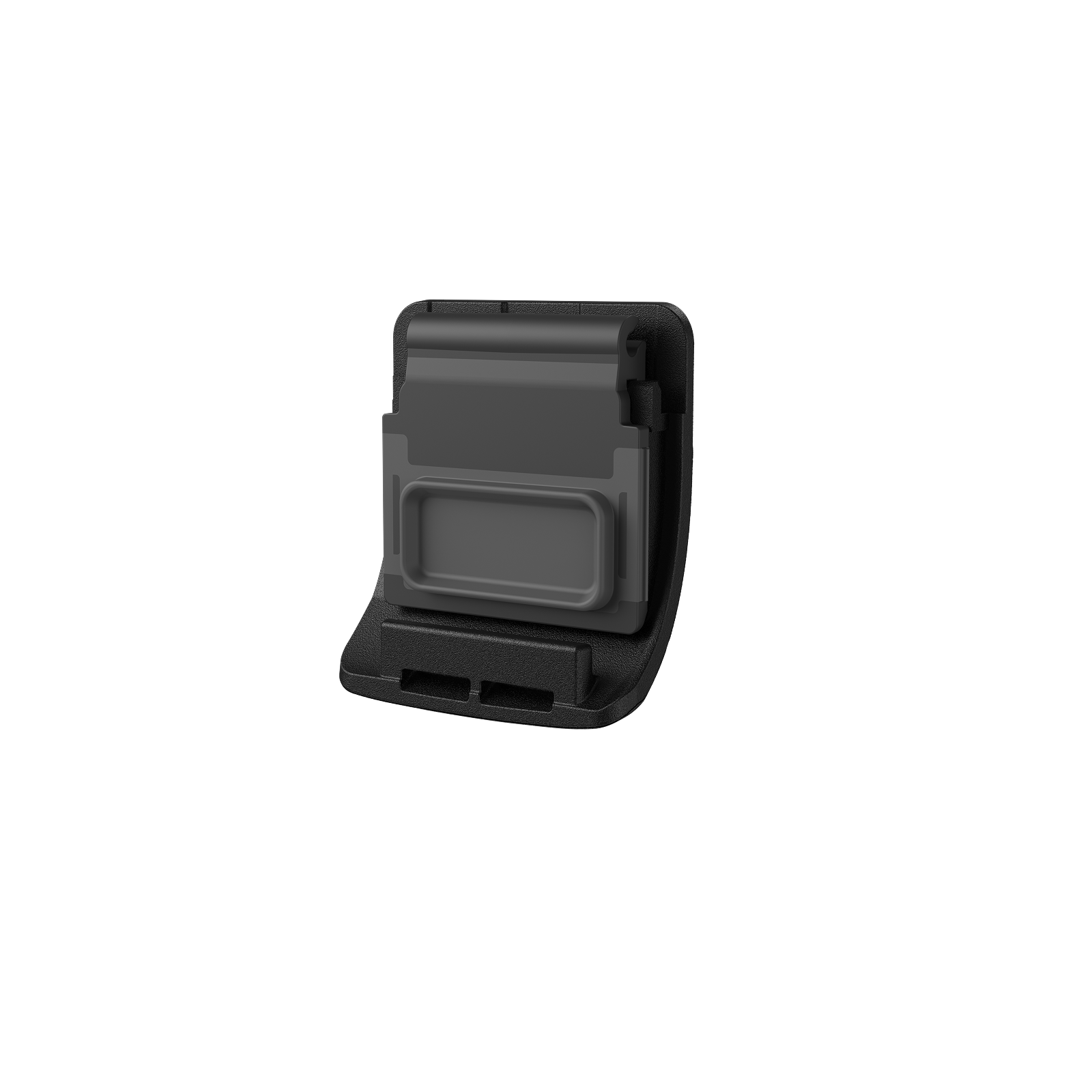 Ein schwarzes Kunststoffobjekt mit Clip-Mechanismus auf schwarzem Hintergrund.