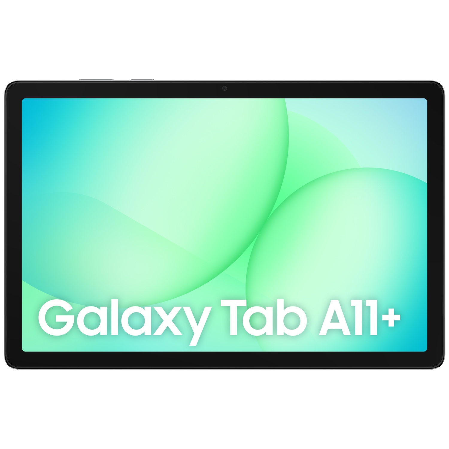 Een Galaxy Tab A11+ tablet toont een groene achtergrond met tekst.