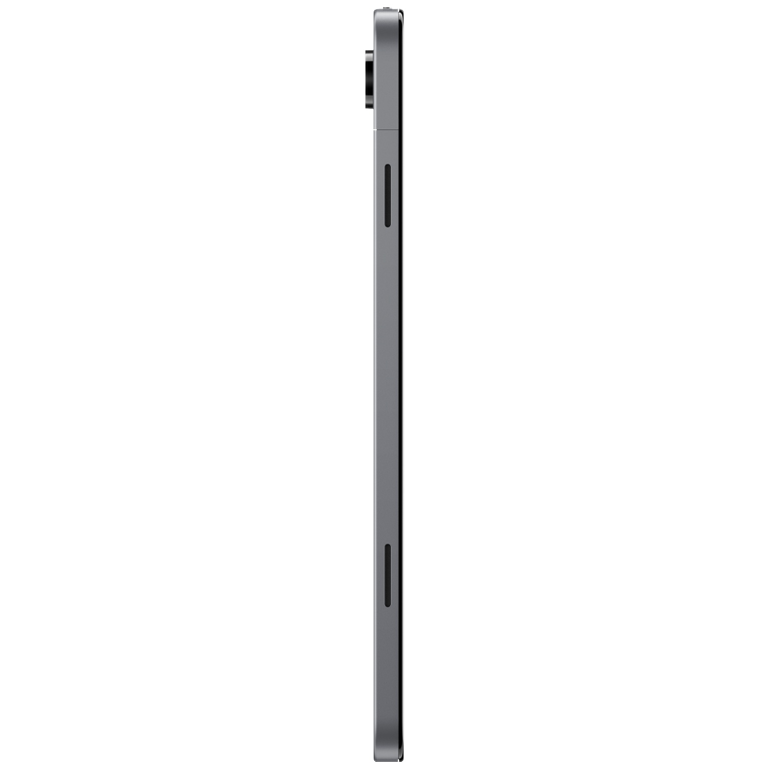 Zijaanzicht van een grijze tablet met knoppen en een camera.