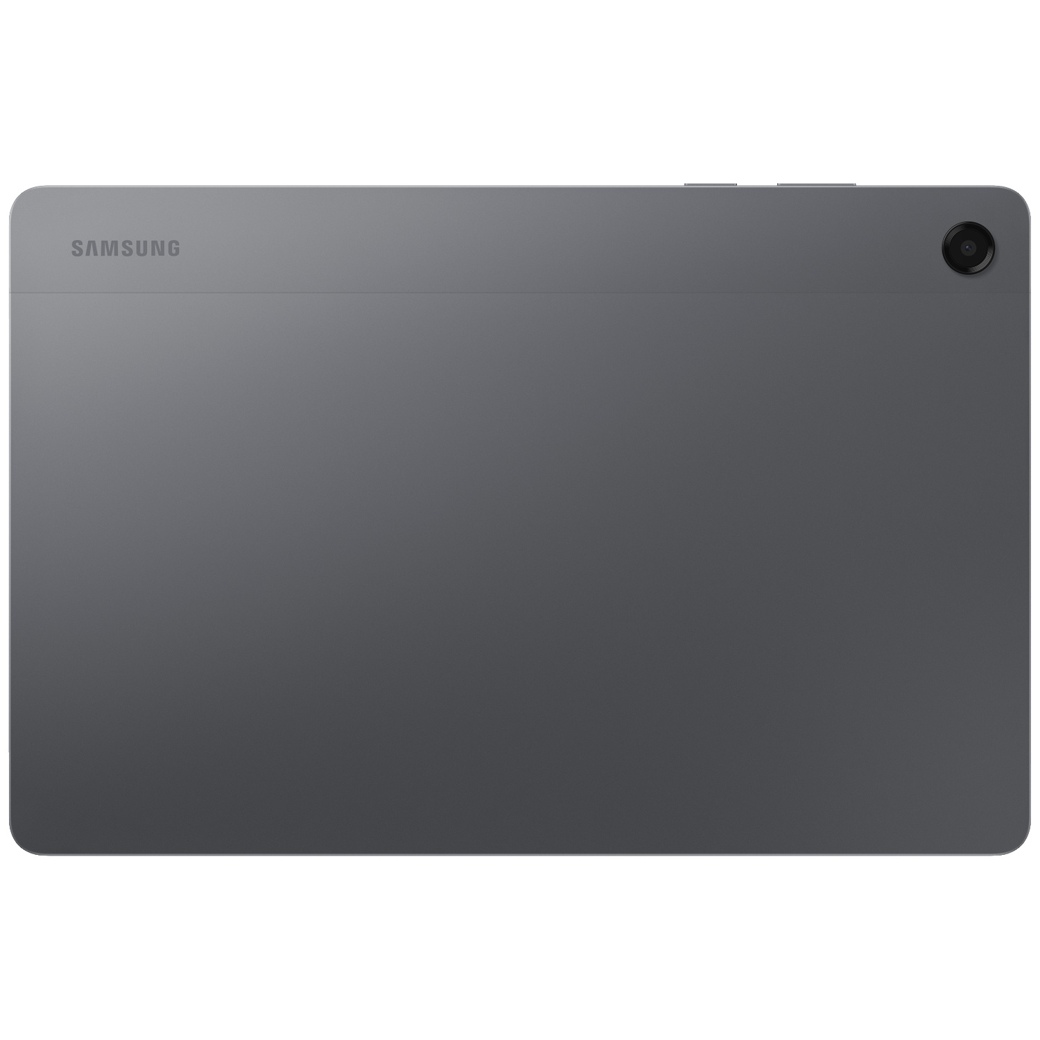 De achterkant van een grijze Samsung tablet met camera en logo.
