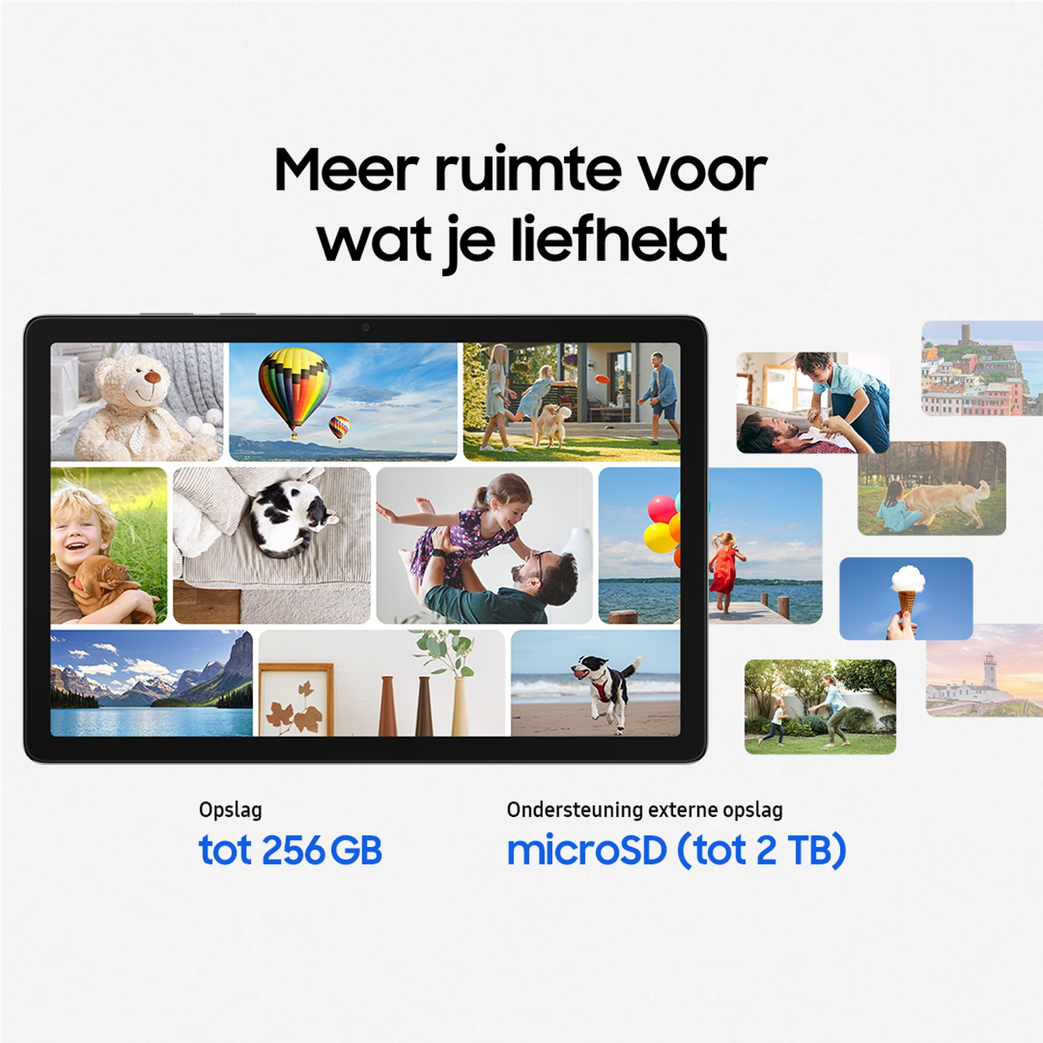 Een tablet toont fotoreferenties, met 256GB opslag en microSD-ondersteuning.