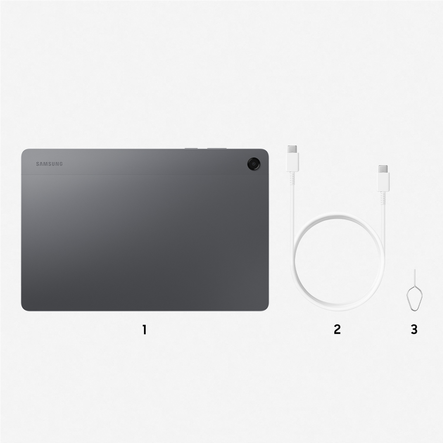 Grijze Samsung-tablet, witte USB-C-kabel en SIM-uitwerp tool, genummerd van één tot drie.