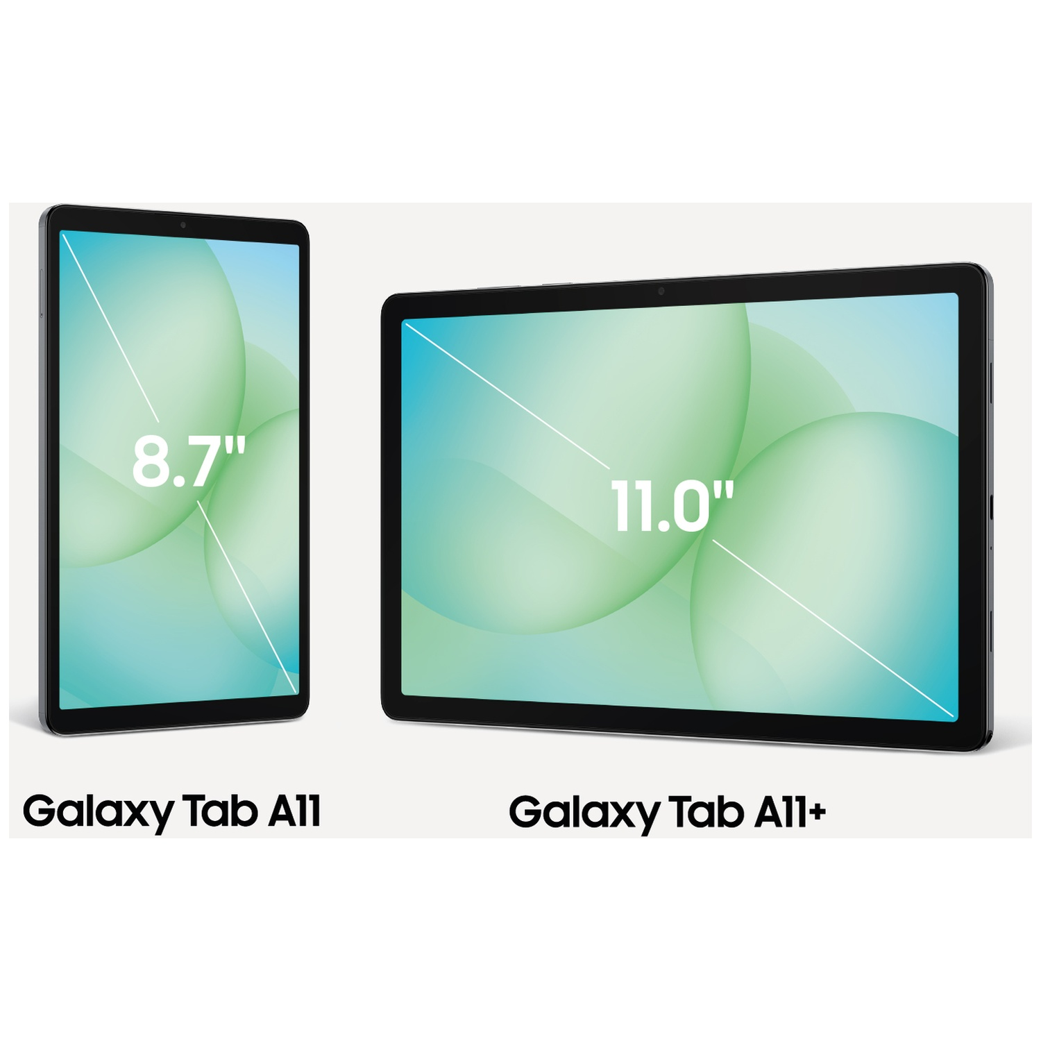 Vergelijking van schermformaten tussen de Galaxy Tab A11 van 8,7 inch en de Galaxy Tab A11+ van 11,0 inch.